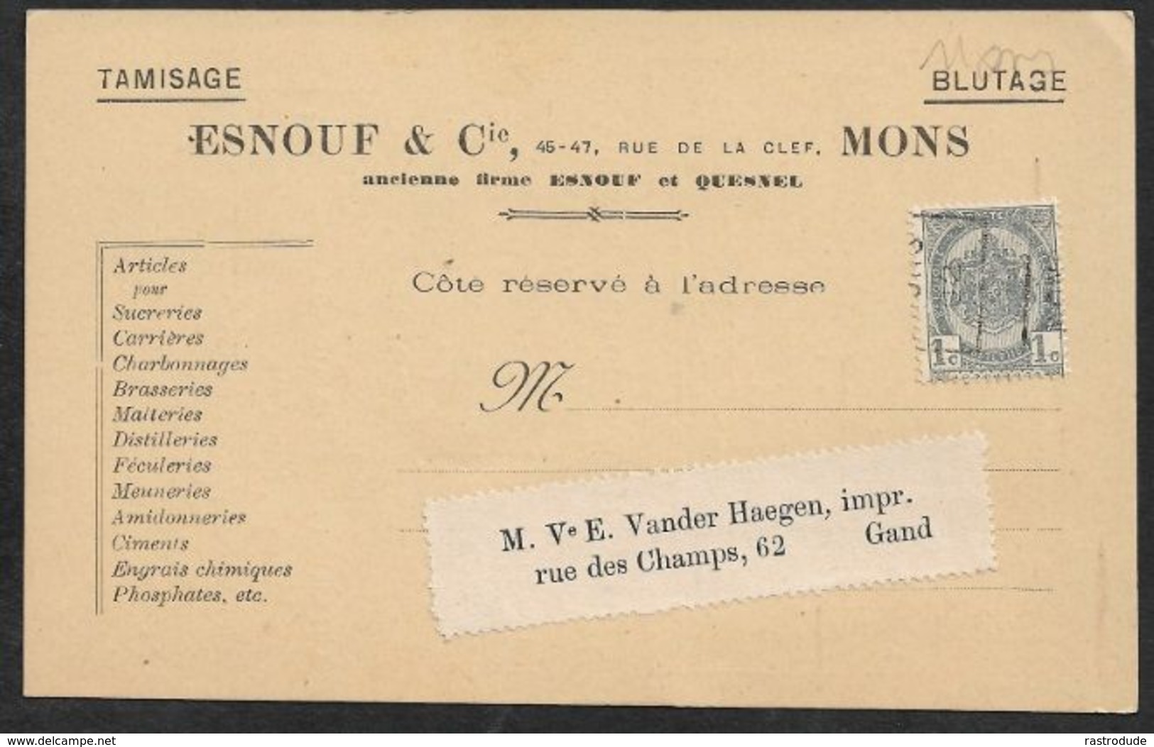 1902 BELGIQUE - PRÉOBLITÉRÉ 1C A GAND  - IMPRIMÉ  PUBLICITÉ TAMISAGE BLUTAGE - COUVERTURES POUR CHEVAUX - Roulettes 1900-09