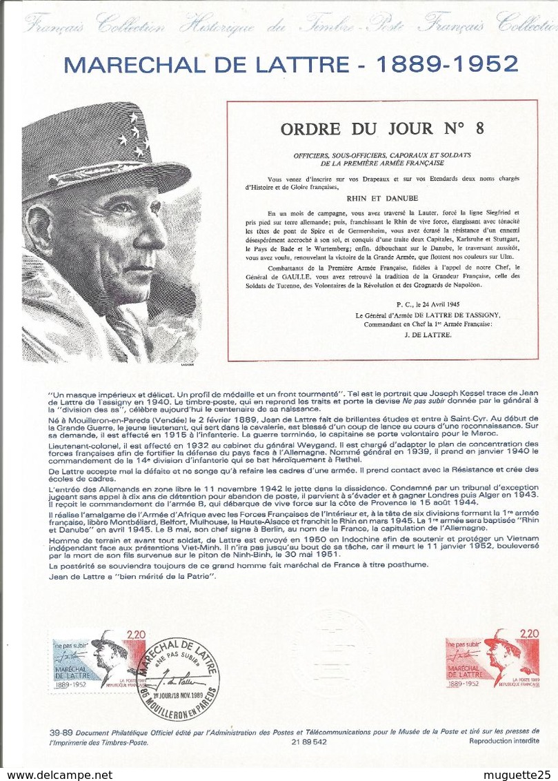 FDC France - Maréchal De Lattre -  Feuillet Explicatif Avec Cachet Et Timbres 1er Jour - WO2