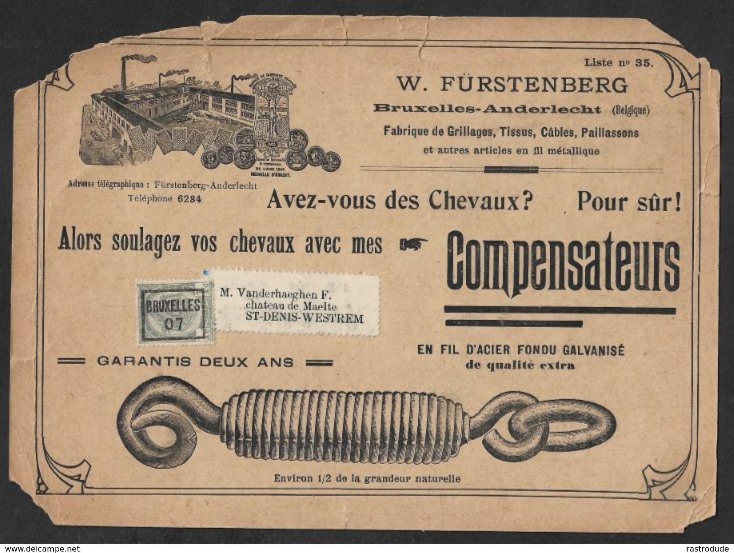 1907 BELGIQUE - PRÉOBLITÉRÉ 1C A ST. DENIS WESTREM  - IMPRIMÉ PUBLICITÉ COMPENSATEUR WAGONS CHEVAUX - Rollenmarken 1900-09