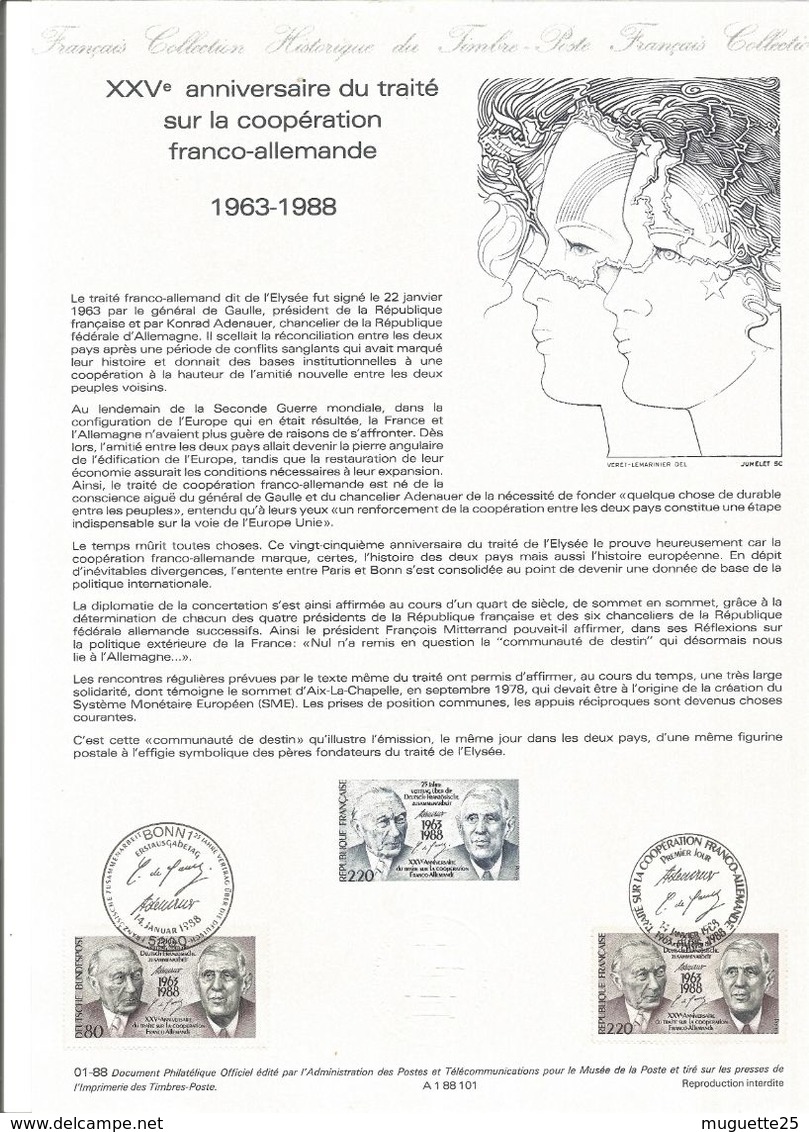 FDC France 25ème Anniversaire  Coopération Franco-Allemande  Feuillet Explicatif Avec Cachet Et Timbres 1er Jour - EU-Organe