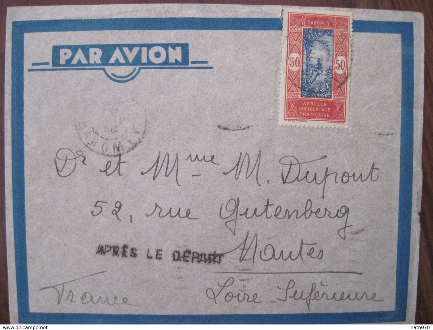 DAHOMEY 1936 Après Le Départ France AOF Par Avion Air Mail Lettre Enveloppe Cover Colonie Airmail Poste Aerienne - Lettres & Documents