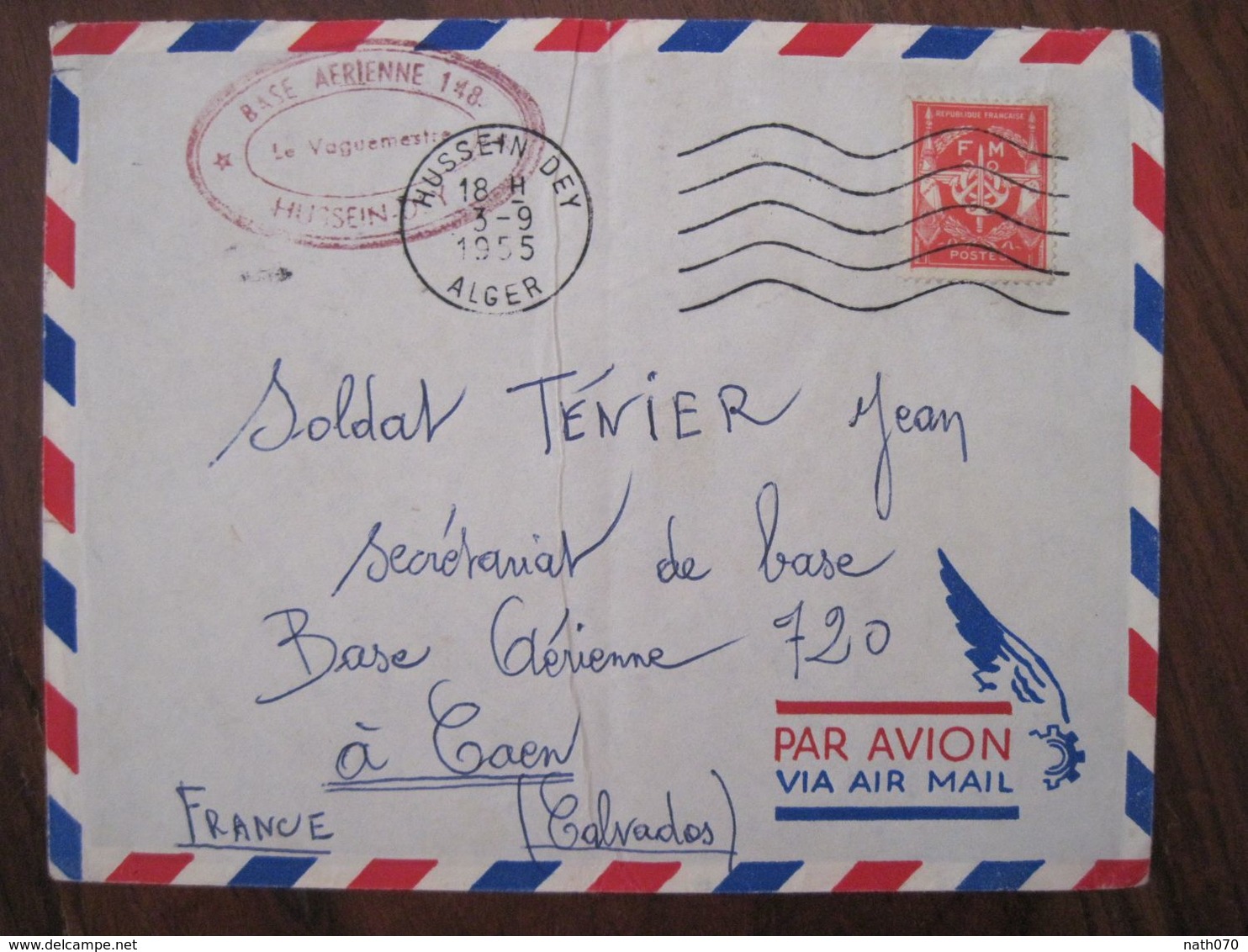 Algérie France 1955 Base Aerienne 148 BA Hussein Dey Par Avion Air Mail Lettre Enveloppe Cover Colonie FM - Lettres & Documents