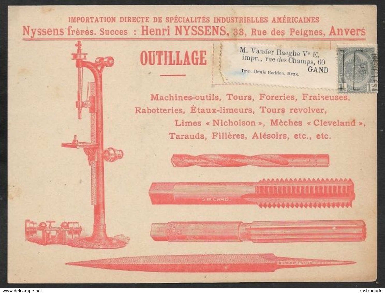 1905 BELGIQUE - PRÉOBLITÉRÉ 1C A GAND  - IMPRIMÉ PUBLICITÉ OUTILLAGE MACHINE OUTILS , TOURS, FORERIES, FRAISEUSE ETC - Rolstempels 1900-09