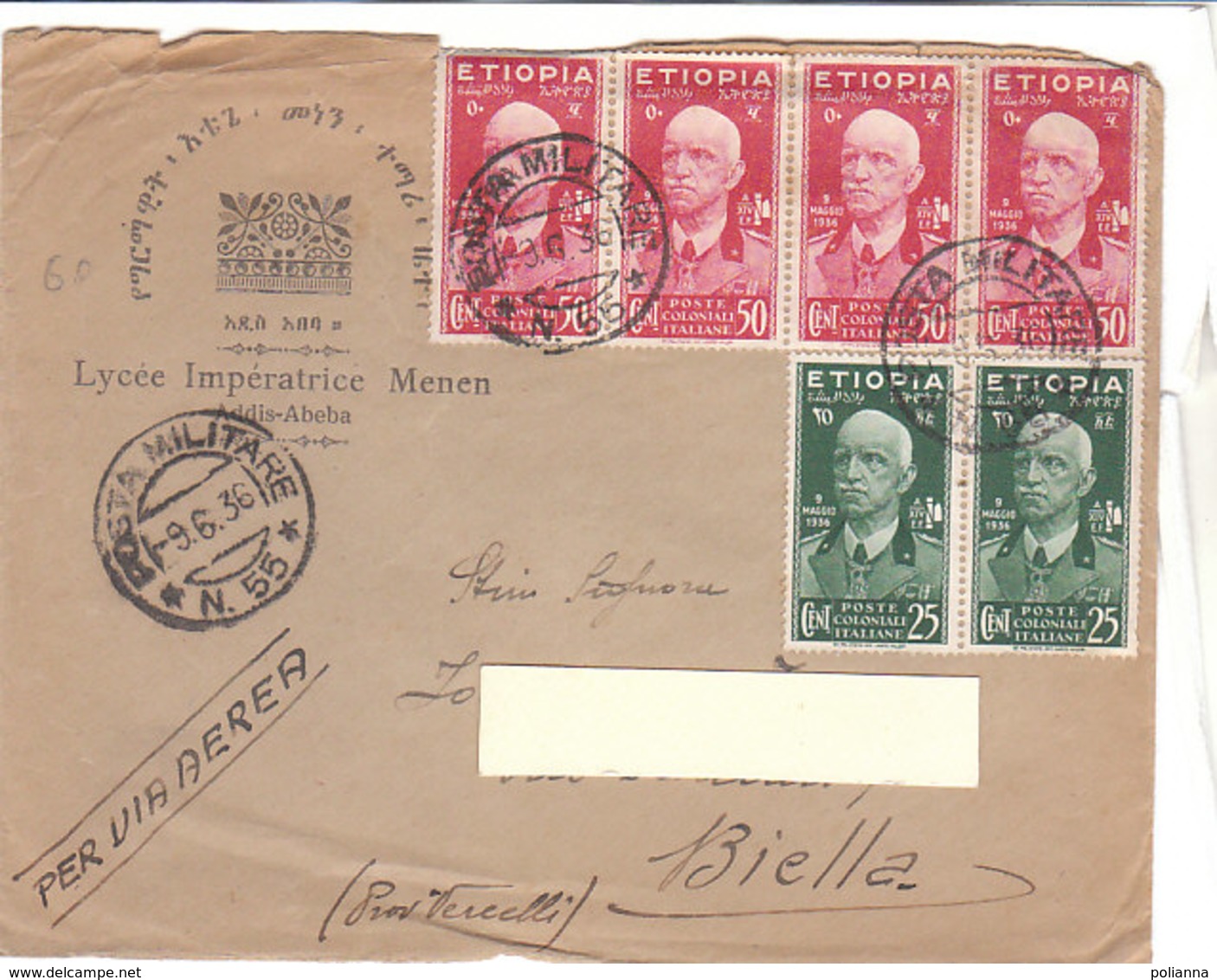 A3842 - COLONIE 4x50 + 2x 25 Cent V.Em. III Etiopia Su Busta Lycee Imperatrice Addis-Abeba POSTA MILITARE VG Biella 1936 - Etiopia