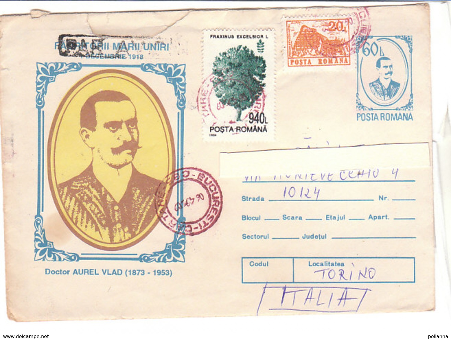 A3750 - ROMANIA 20+ 940 Lei Su Busta Affrancata 60 Lei AUREL VLAD Per Italia  VG Bucuresti-Torino 1995 - Marcophilie