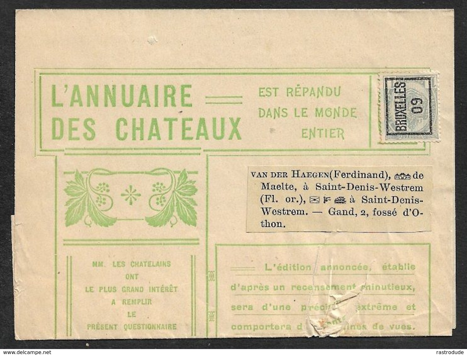 1909 BELGIQUE - PREOB. 1C A GAND  - BANDE L'ANNUAIRE DES CHATEAUX - Roller Precancels 1900-09