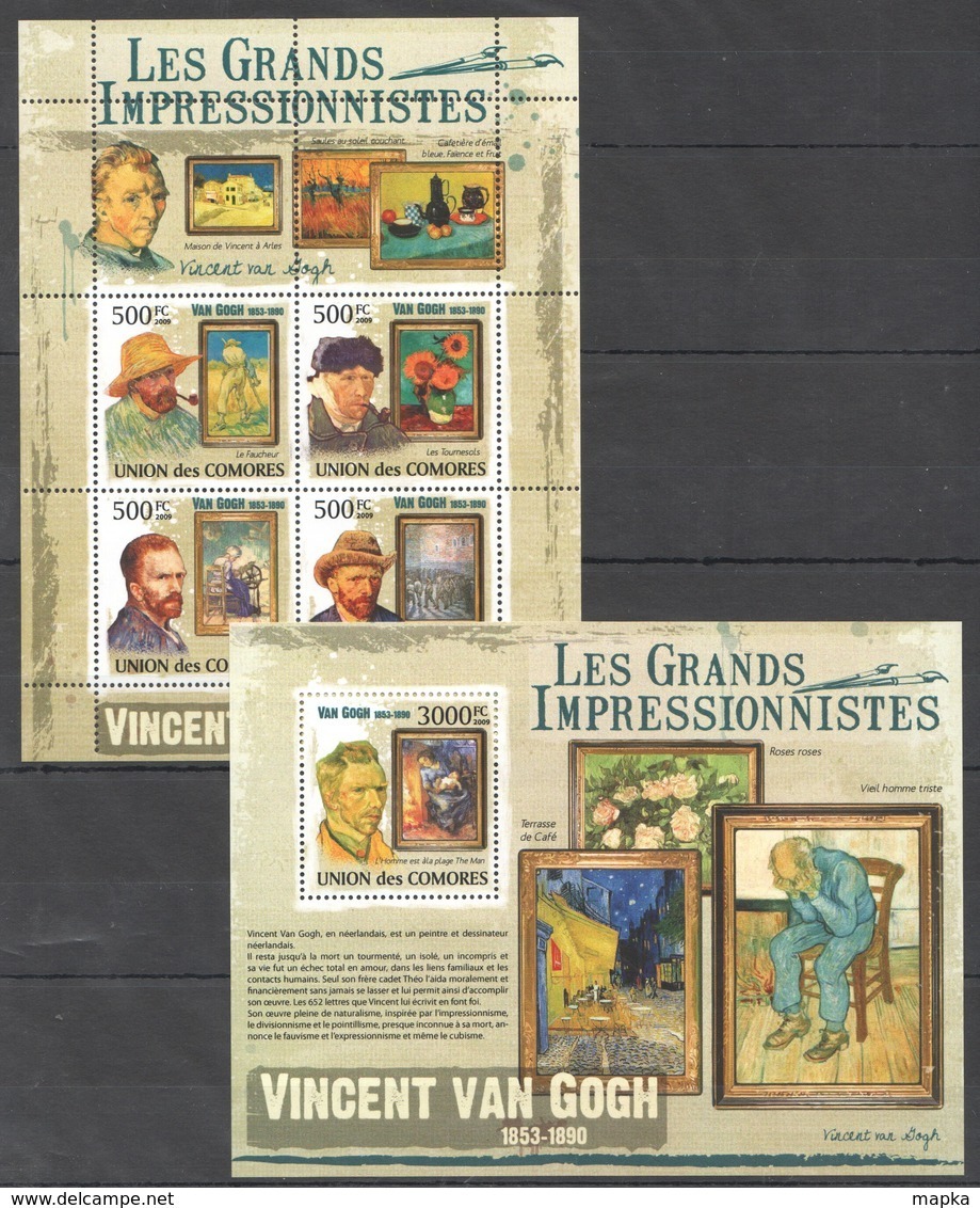 UC315 2009 UNION DES COMORES ART VINCENT VAN GOGH 1KB+1BL MNH - Impressionismus