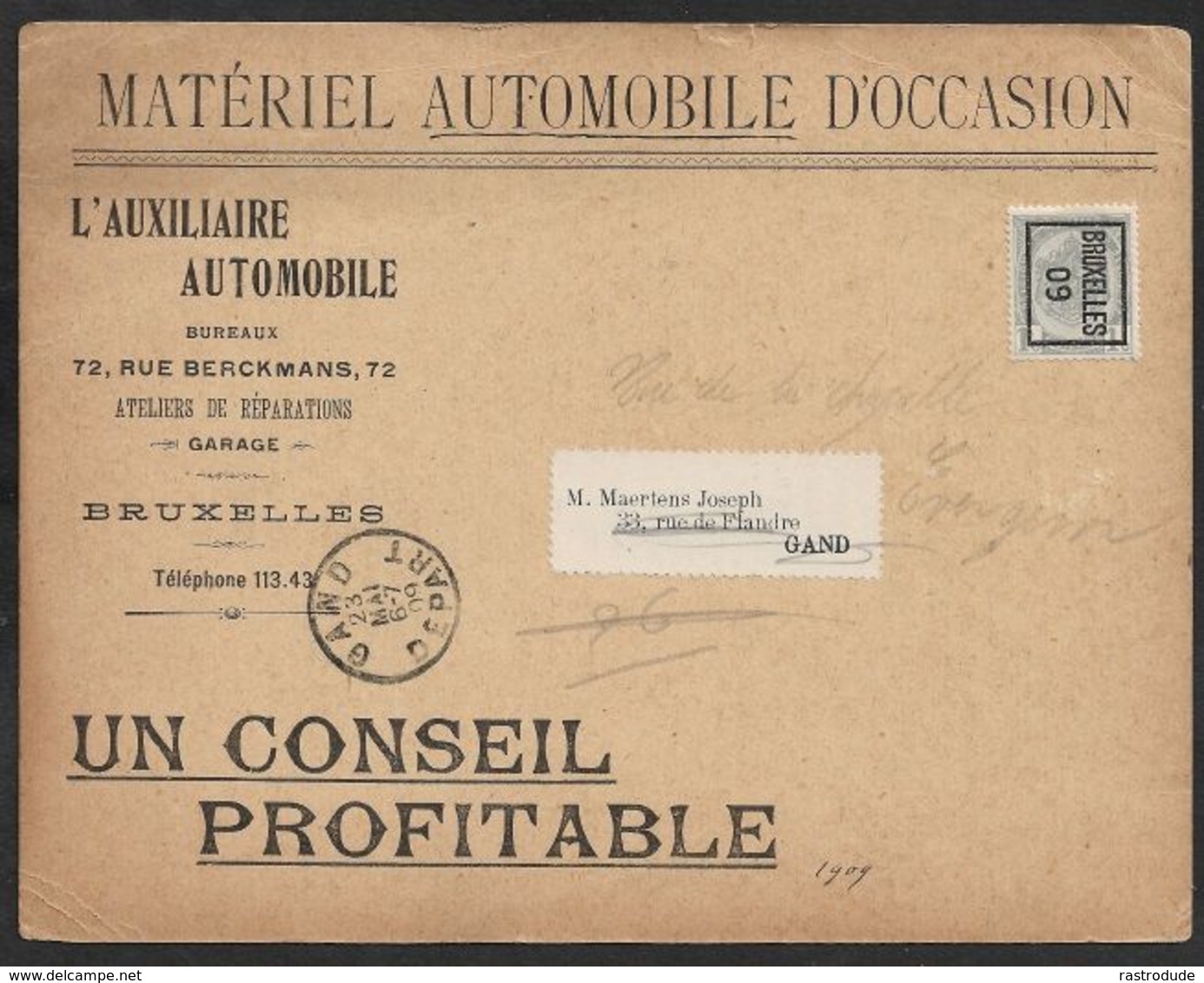 1909 BELGIQUE - PREOB. 1C A GAND  - IMPRIMÉ ILLUSTRÉ - MATÉRIEL AUTOMOBILE D'OCCASION - VOITURES - Rollini 1900-09