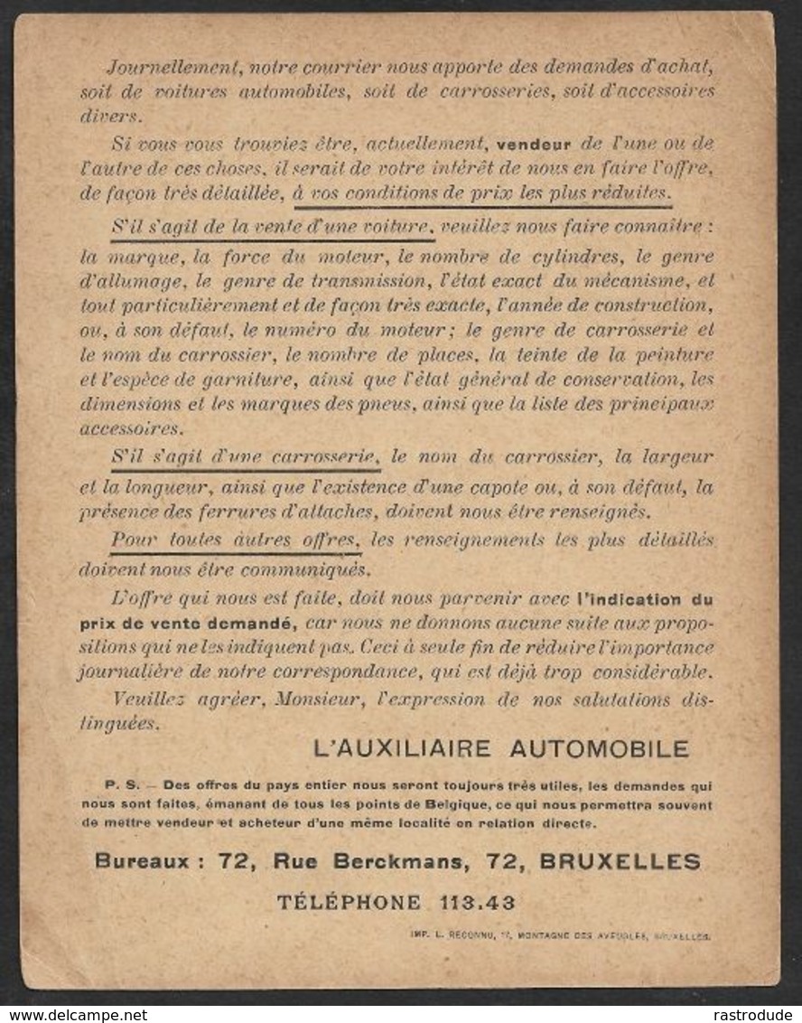 1909 BELGIQUE - PREOB. 1C A GAND  - IMPRIMÉ ILLUSTRÉ - MATÉRIEL AUTOMOBILE D'OCCASION - VOITURES - Rollini 1900-09