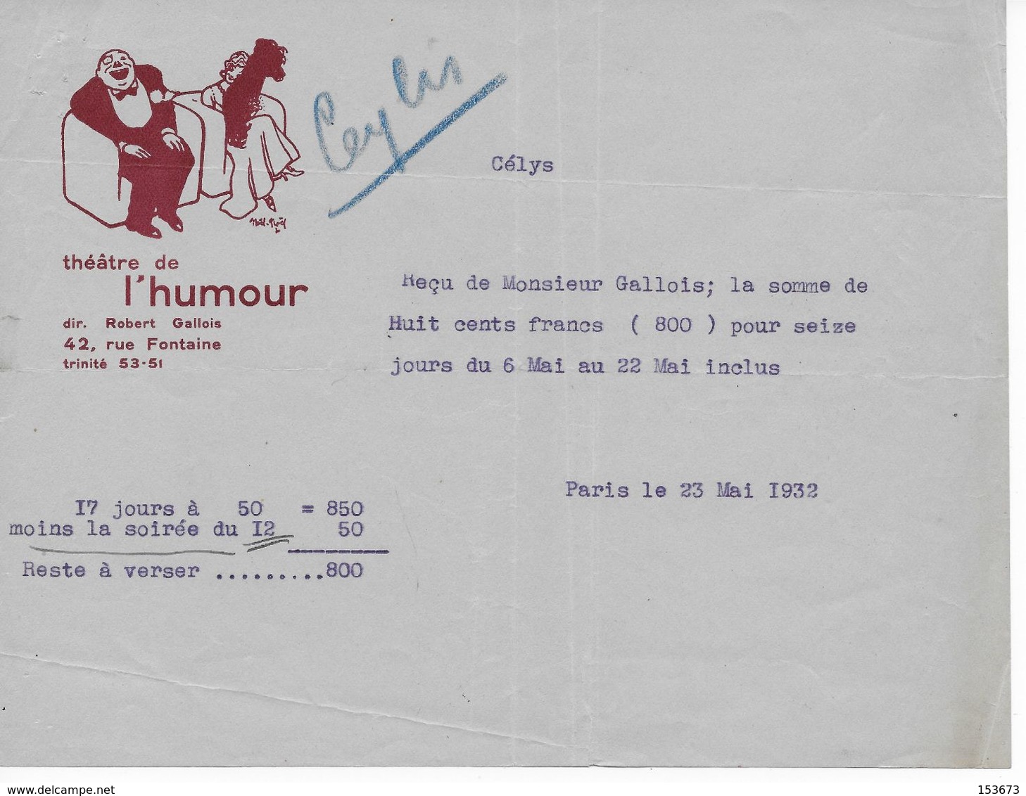 Reçu Du Théâtre De L'Humour à Paris  Du 23 Mai 1932, Illustration Nöel-Nöel - Théâtre & Déguisements