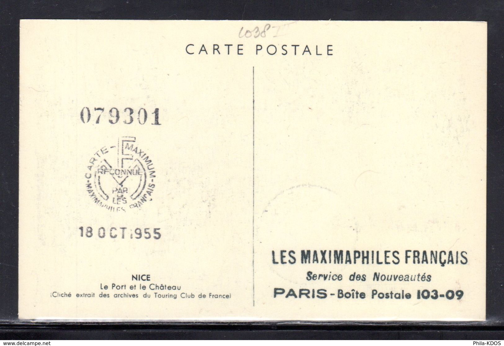 Tamponnée M.F 1955 : " LE PORT DE NICE " Sur Carte Maximum. N° YT 1038. Parfait état. Voir Les 2 Scans. CM - 1950-1959