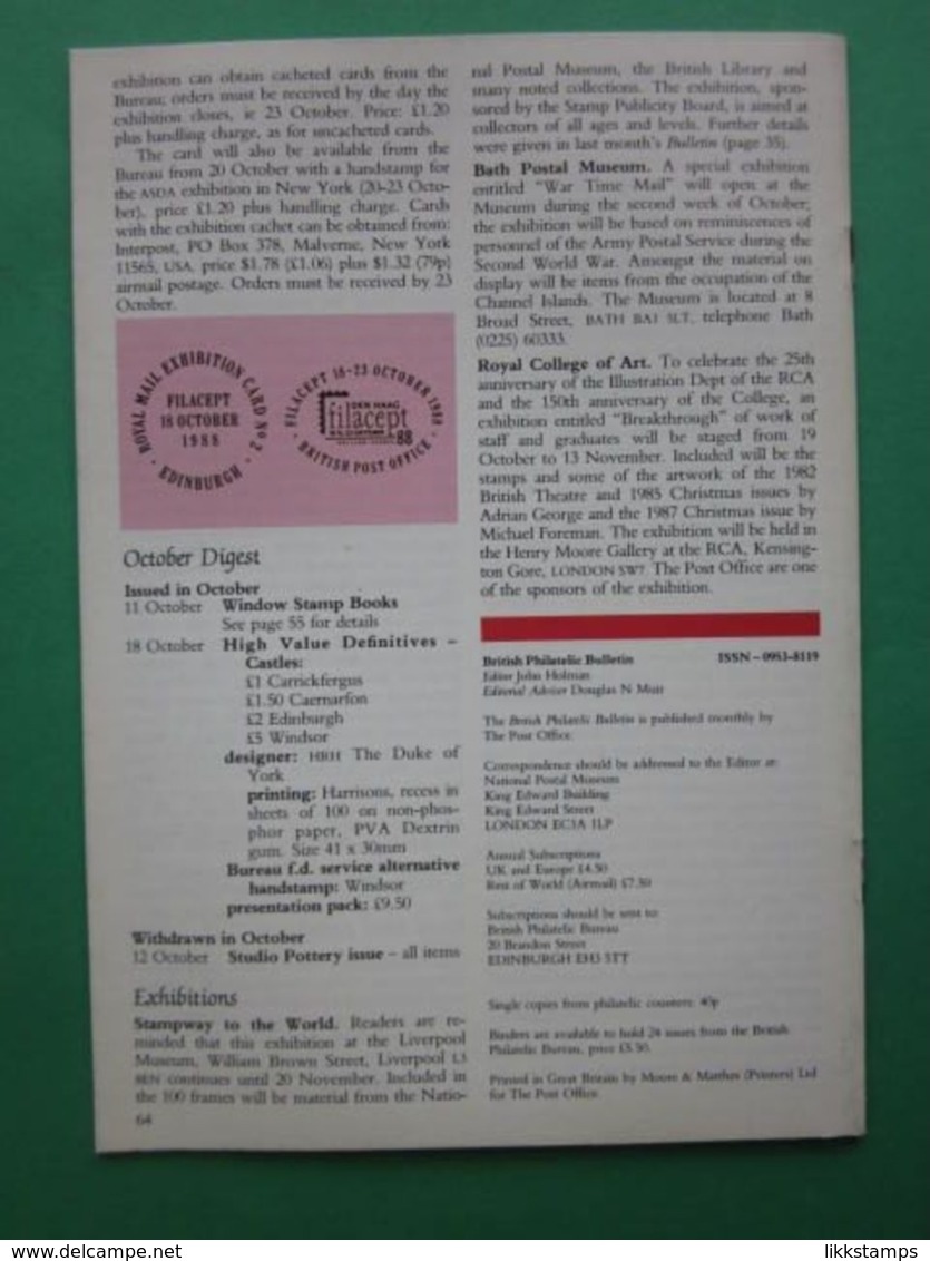 THE PHILATELIC BULLETIN OCTOBER 1988 VOLUME NUMBER 26, ISSUE No.2, ONE COPY ONLY. #L0245 - Inglés (desde 1941)