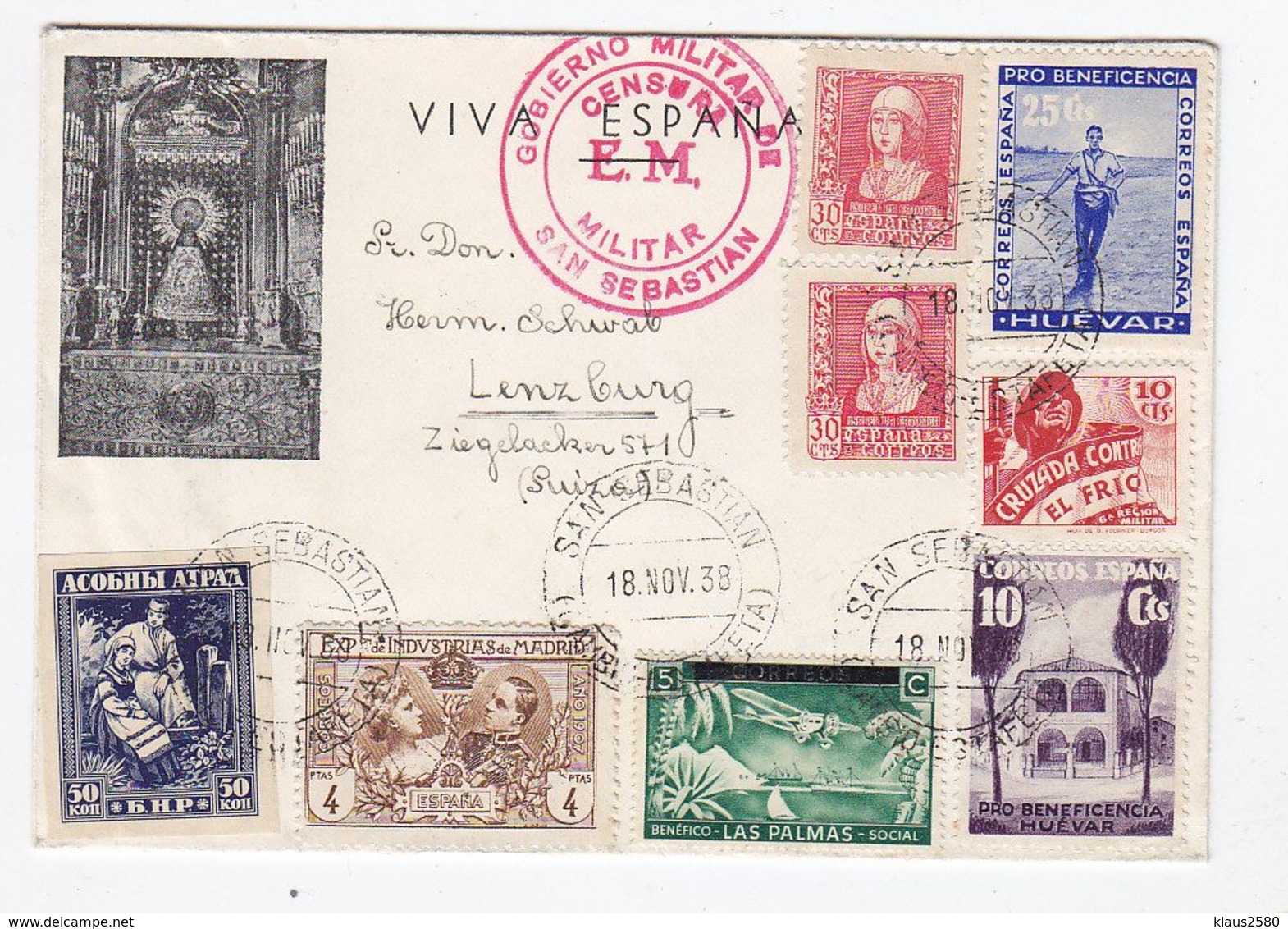 Spanien 1938 Brief Mit Seltener Frankatur In Die Schweiz Und Zensur - Military Service Stamp