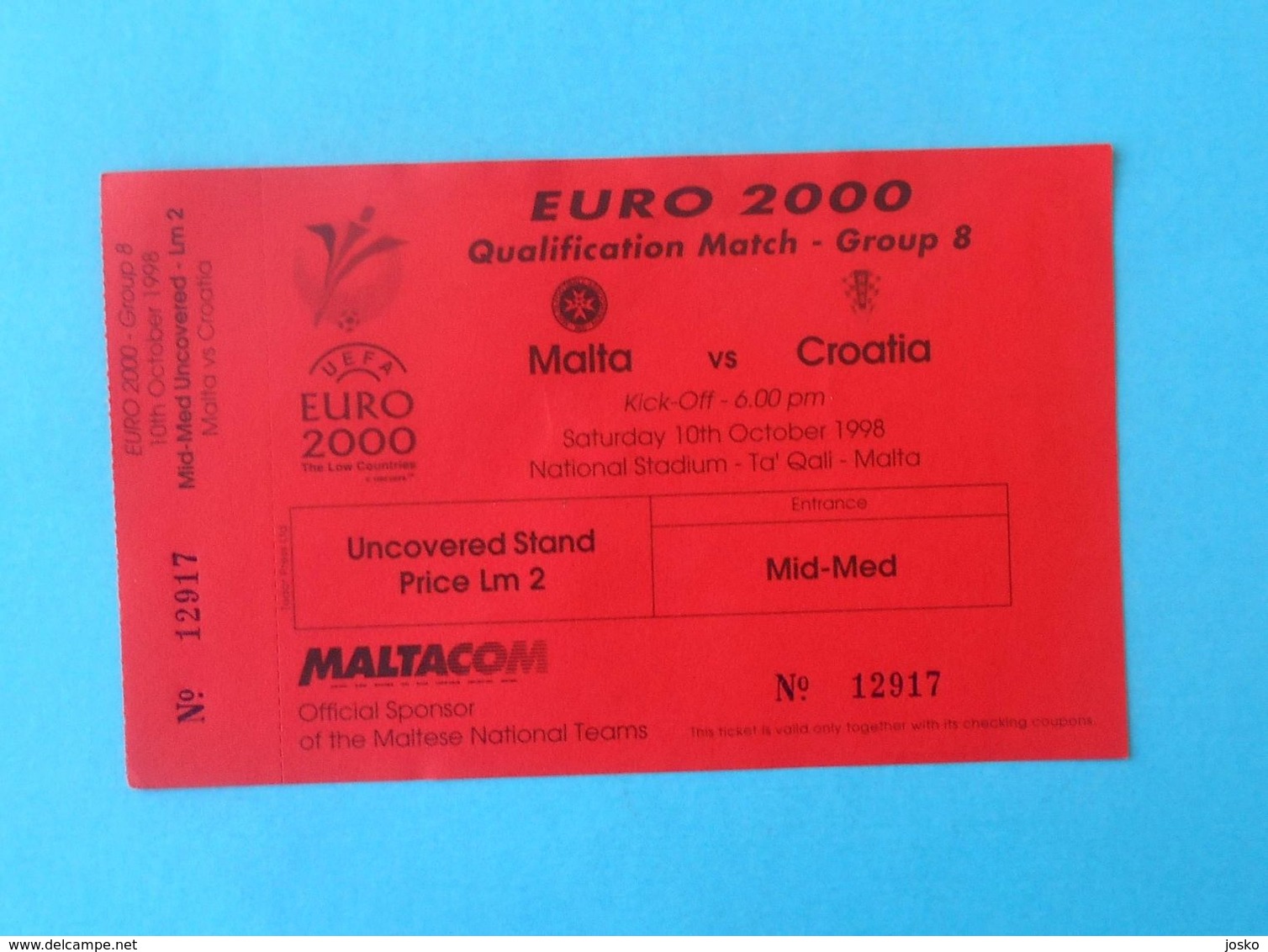 MALTA V CROATIA - 2000 UEFA EURO Qualif. Football Match Ticket * Soccer Fussball Calcio Foot Futbol Billet Boleto - Biglietti D'ingresso