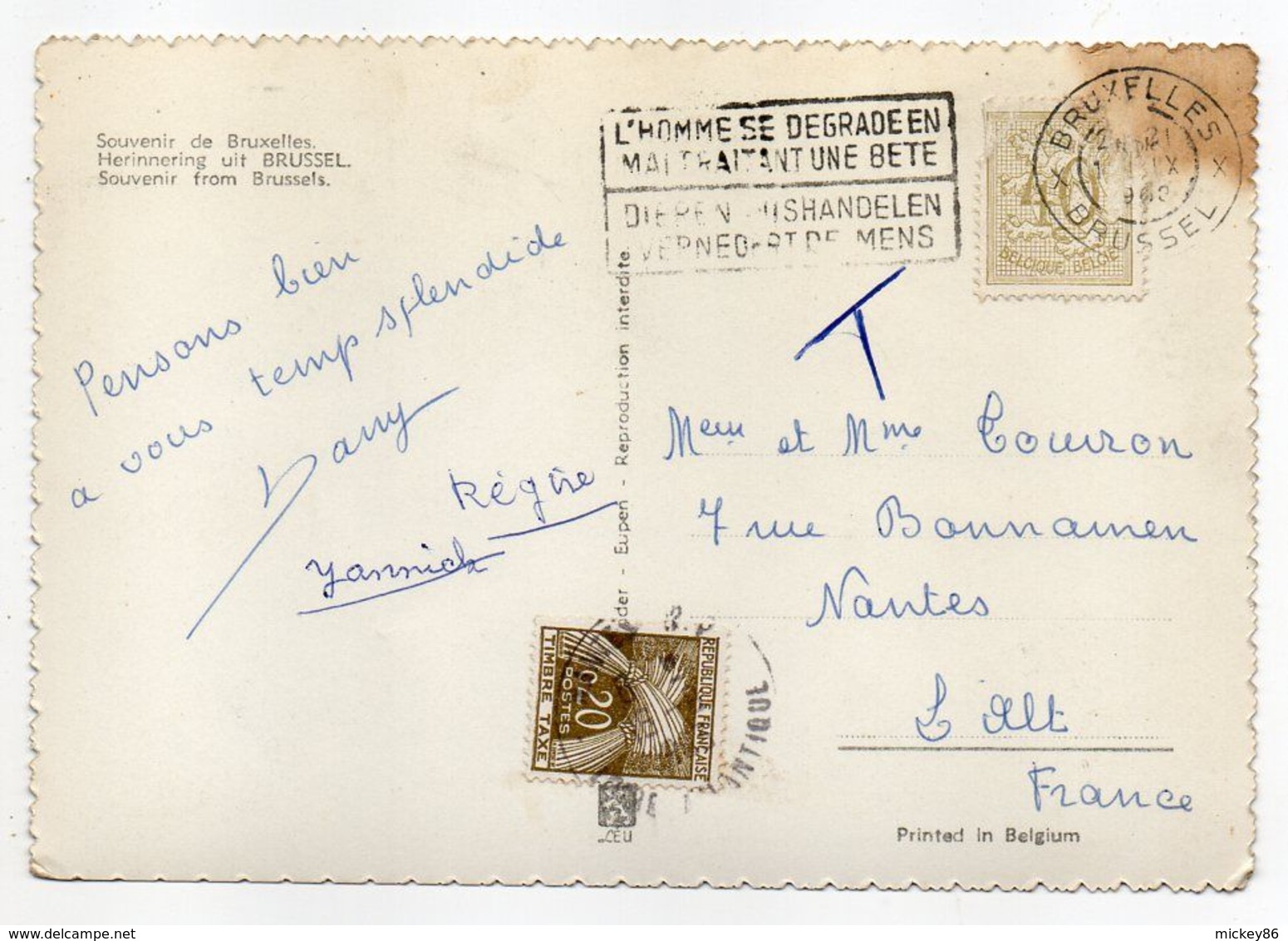 Belgique--carte Postale Taxée De Bruxelles Pour Nantes-44 (France)--Souvenir De Bruxelles La Nuit -Multivues - Lettres & Documents