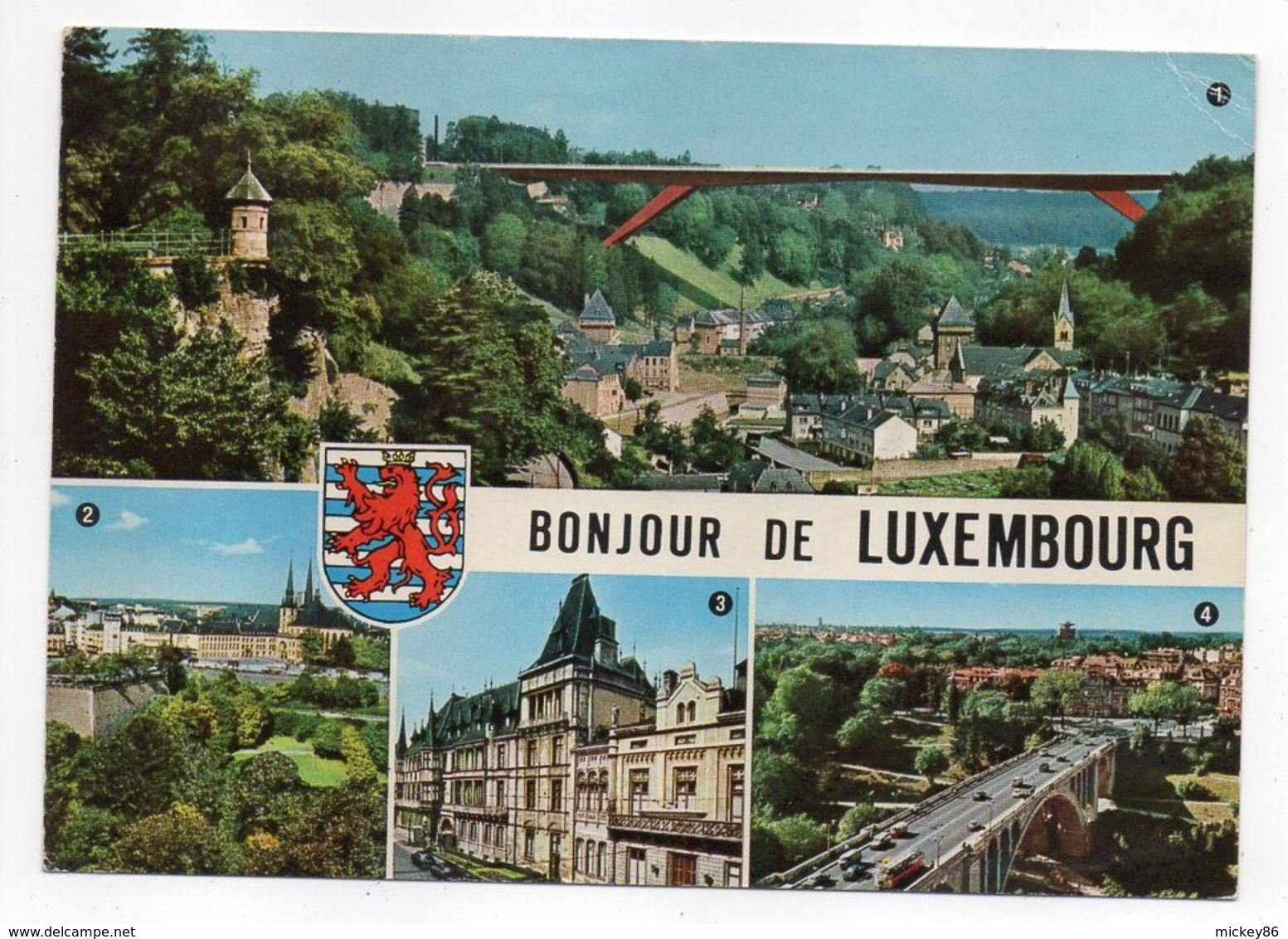 Luxembourg --1973---timbre " Pont" Seul Sur Carte Postale Multivues "Bonjour Du Luxembourg" --blason - Storia Postale