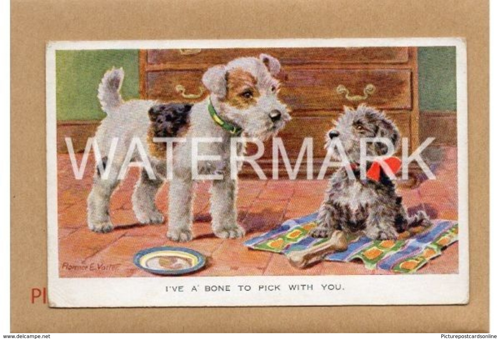 IVE A BONE TO PICK WITH YOU OLD COLOUR ART POSTCARD ARTIST SIGNED FLORENCE E VALTER 2 DOGS - Valter, Fl. E.