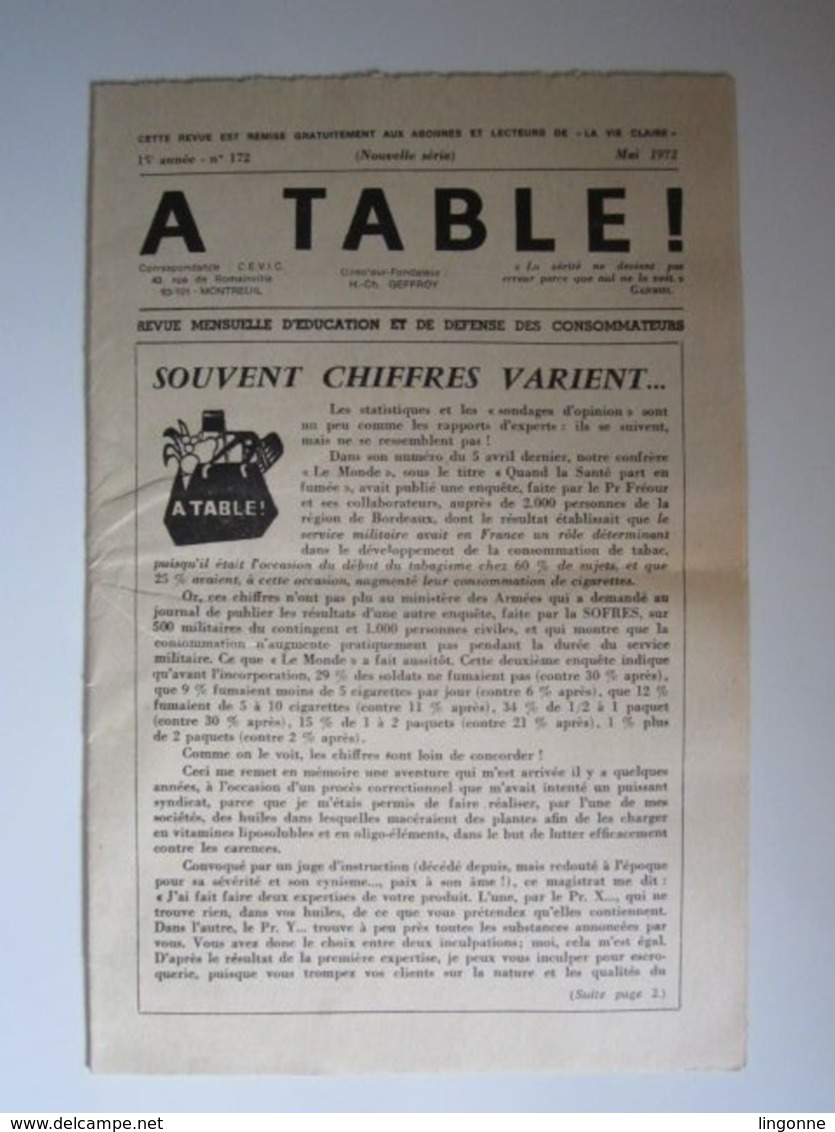 1972 RARE REVUE "LA VIE CLAIRE" "A TABLE" Revue Mensuelle D'éducation Et De Défense Des Consommateurs. - Cuisine & Vins