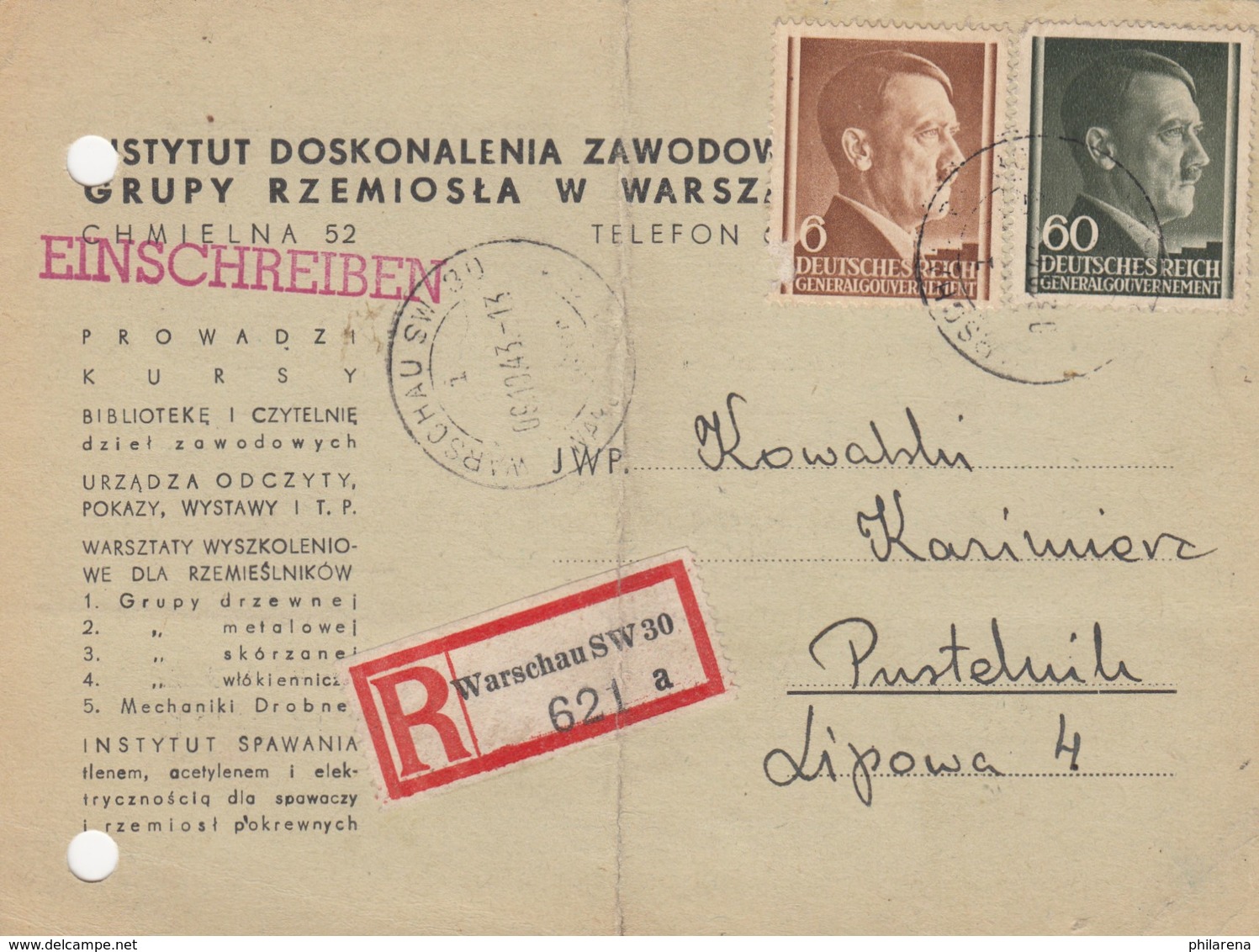 GG: MiF Einschreiben Postkarte Warschau Nach Pustelnik, Portogerecht - Occupation 1938-45