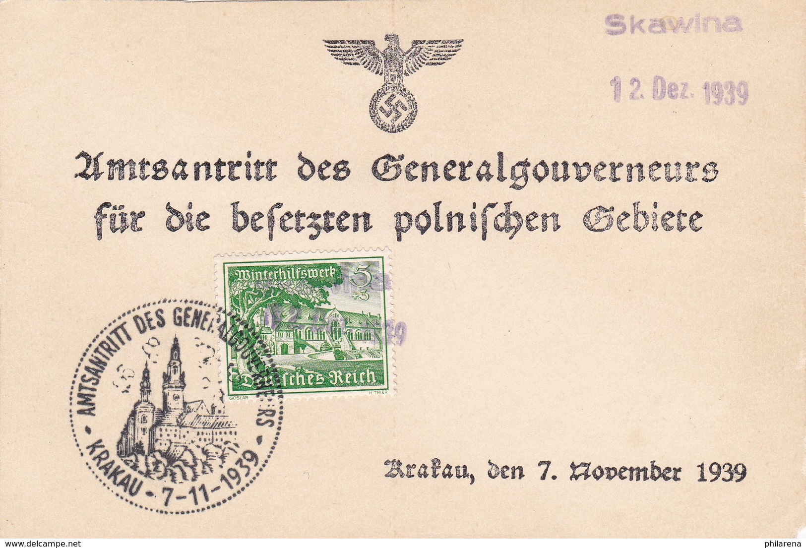 GG: Gedenkarte G1, Langes F, Zusatzstempel Skawina 12.12.39 - Occupation 1938-45