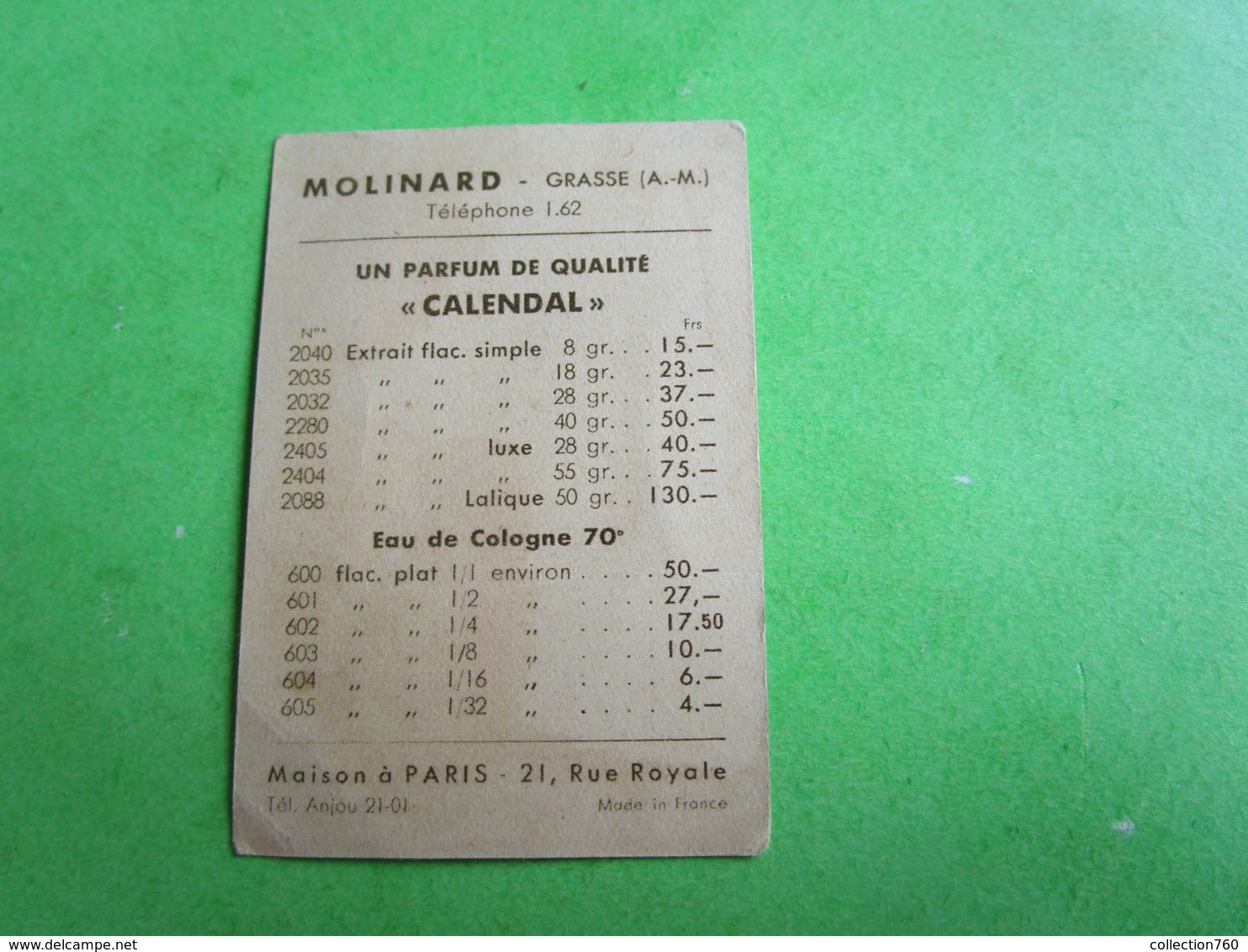 MOLINARD - CALENDAL -  Carte Parfumée - Anciennes (jusque 1960)