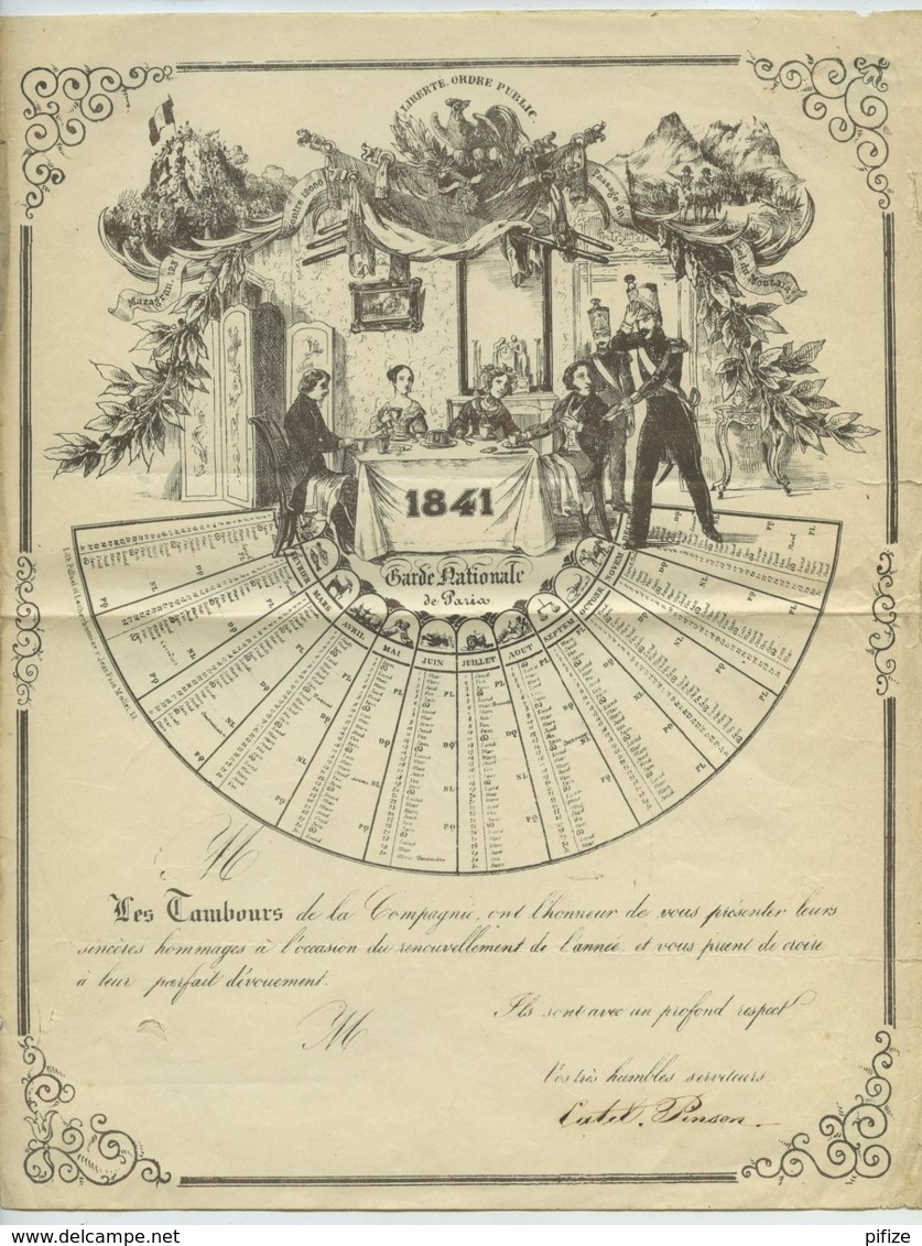 Calendrier 1841 En éventail Sur Voeux De La Garde Nationale De Paris . Tambours De La Compagnie . - Tamaño Grande : ...-1900