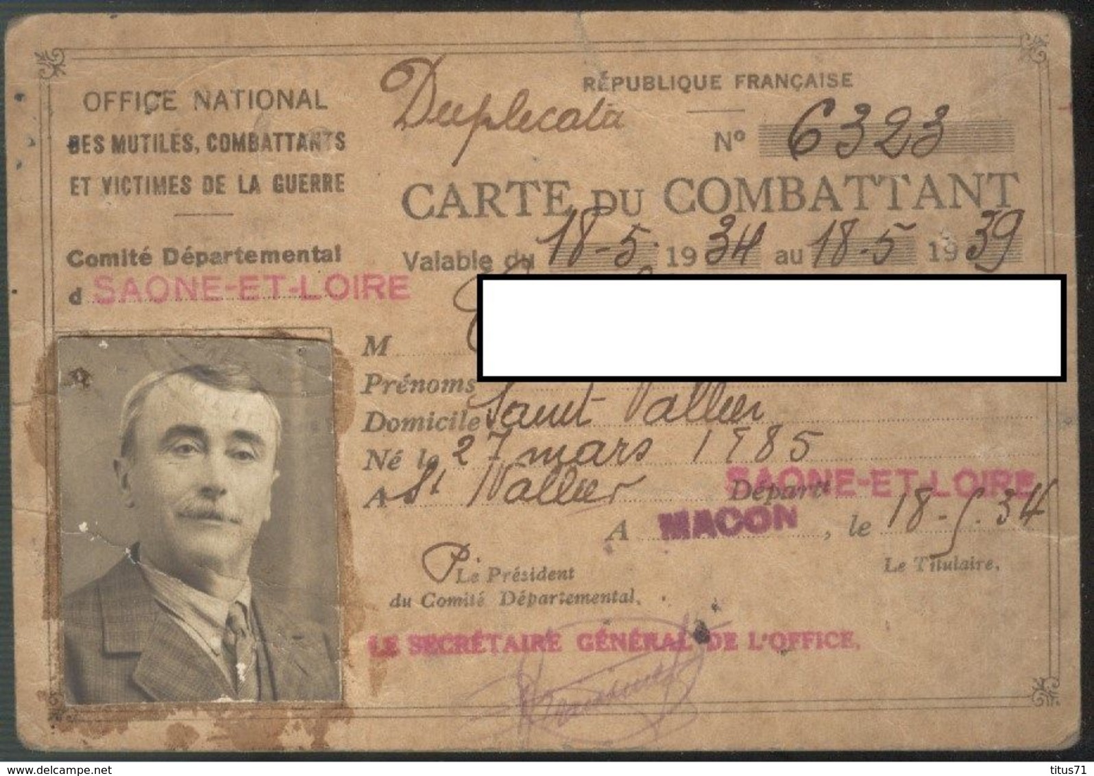 Carte Du Combattant - Duplicata - Macon 1934 - Documents