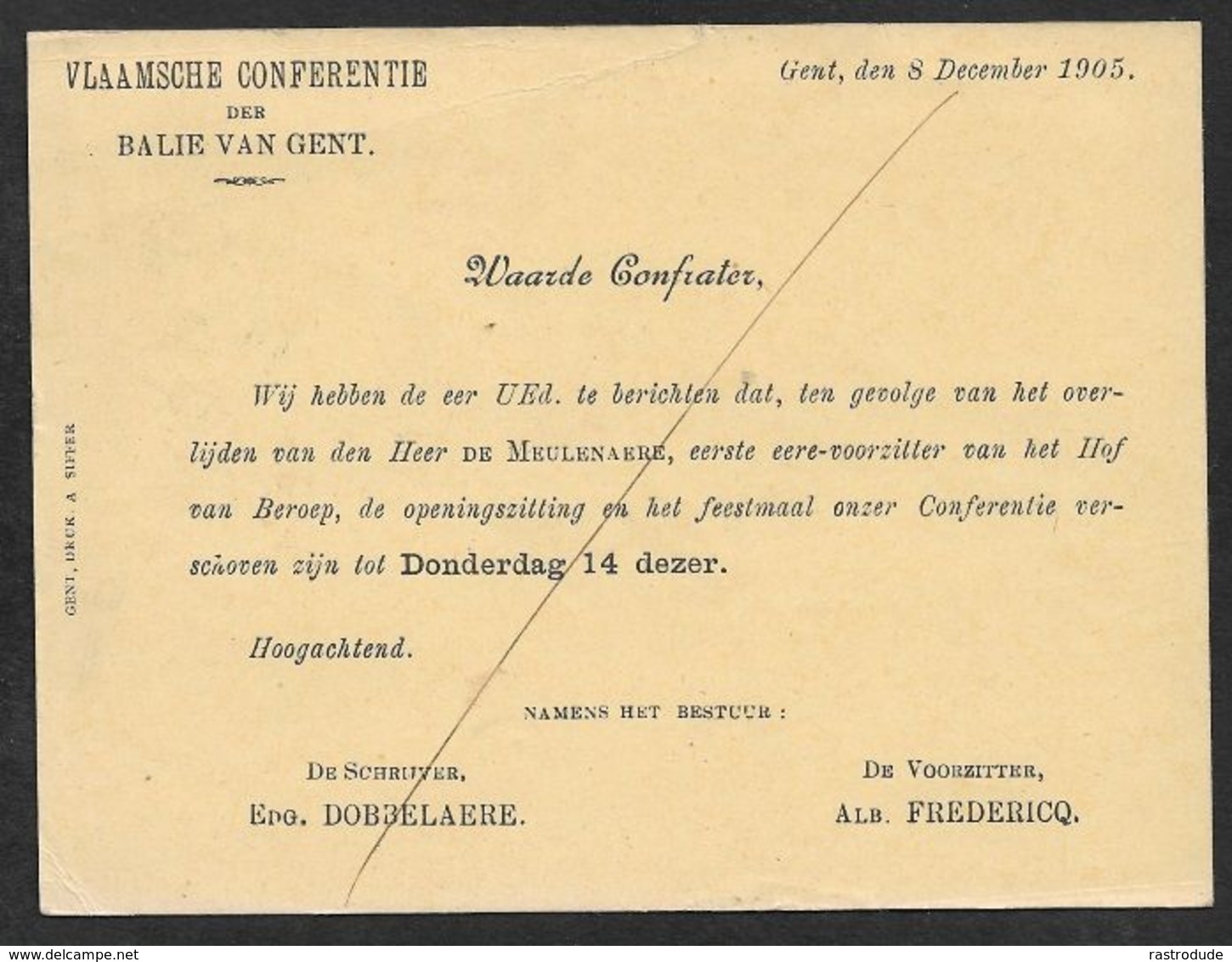 1905 BELGIQUE - PRÉOBLITÉRÉ 1C A GAND  IMPRIMÉ ILLUSTRÉ VLAAMSCHE CONFERENTIE DER BALIE VAN GENT - Pres.Albert Fredericq - Roller Precancels 1900-09