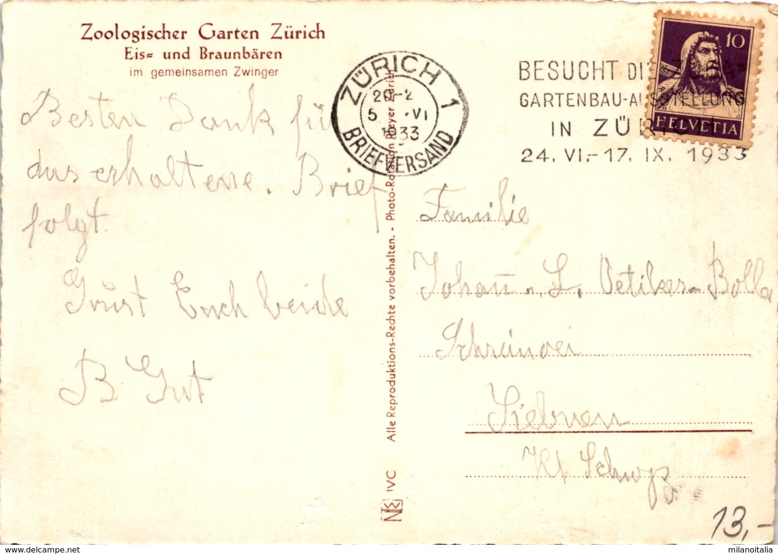 Zoologischer Garten Zürich - Eis- Und Braunbären Im Gemeinsamen Zwinger (41) * 5. 6. 1933 - Autres & Non Classés