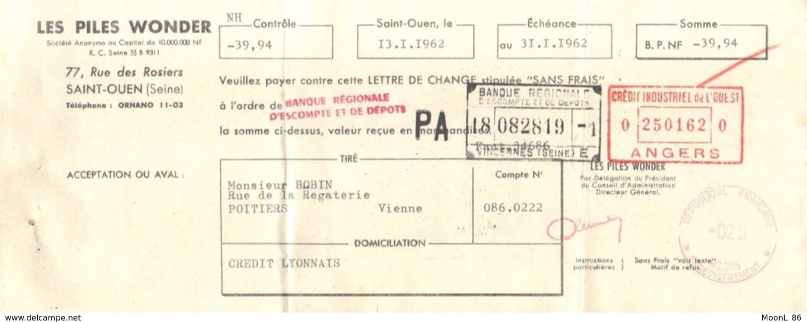 LETTRE DE CHANGE - LES PILES WONDER ST OUEN -  1962 - Droguerie & Parfumerie
