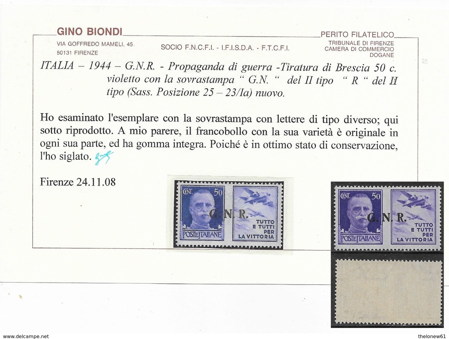 Italia Italy 1944 RSI Propaganda Di Guerra GNR C50 Varietà II/III Tipo Sa N.PG23/Ia Certificato Nuovo Integro MNH ** - Oorlogspropaganda