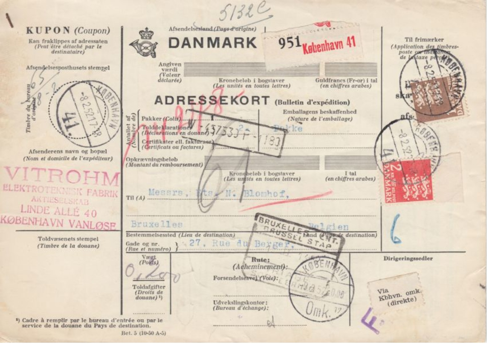 Dänemark - 2+1 Kr. Reichswappen Paketkarte N. BELGIEN Kopenhagen - Brüssel 1952 - Autres & Non Classés