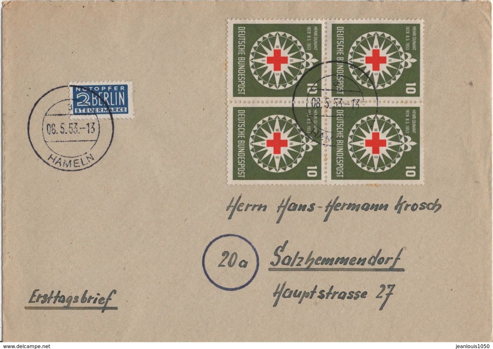 ALLEMAGNE BRD YT N°50 BLOC CROIX ROUGE  DE 4 OBLITERE 1er JOUR(FDC) SUR LETTRE  NOTOPFER - Storia Postale