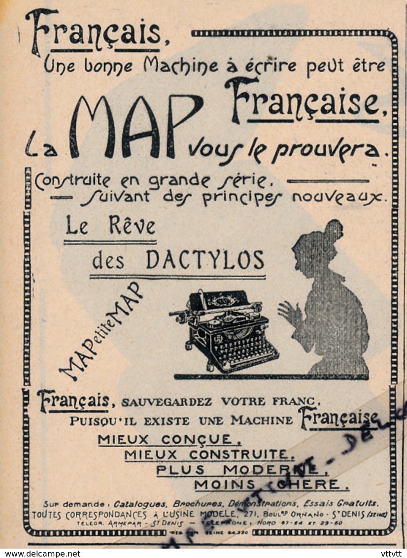 Ancienne Publicité (1924) : MACHINE A ÉCRIRE MAP, Française, Le Rêve Des Dactylos - Advertising