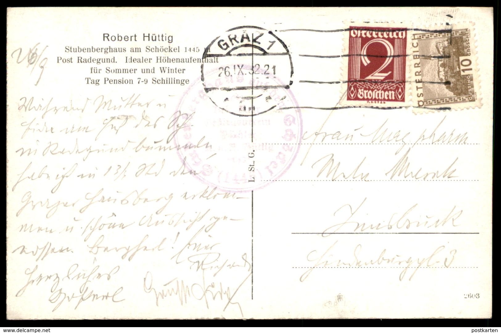 ALTE POSTKARTE ROBERT HÜTTIG STUBENBERGHAUS AM SCHÖCKEL POST RADEGUND GRAZ Austria Österreich Autriche Cpa Postcard AK - St. Radegund