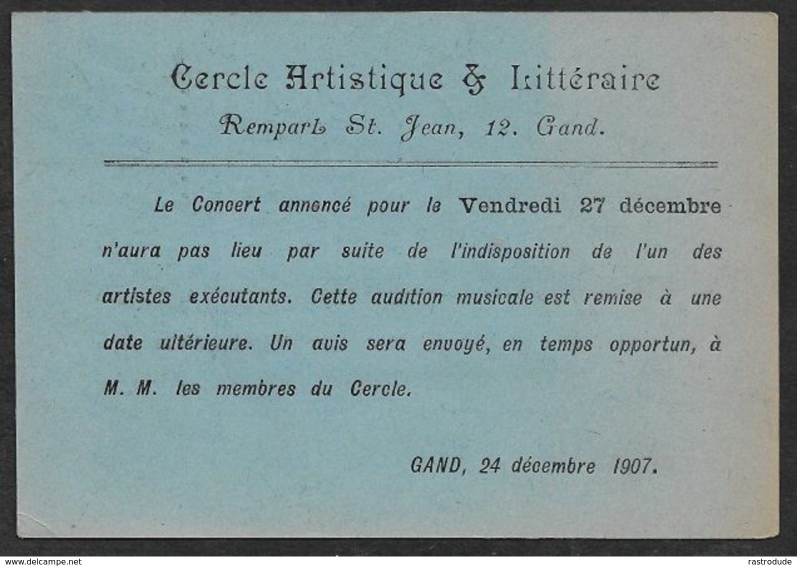 1907 BELGIQUE - 1C  - IMPRIMÉ CERCLE ARTISTIQUE & LITTÉRAIRE -  ANNULATION D'UN CONCERT - INDISPOSITION DE UN  ARTISTE - Roller Precancels 1900-09