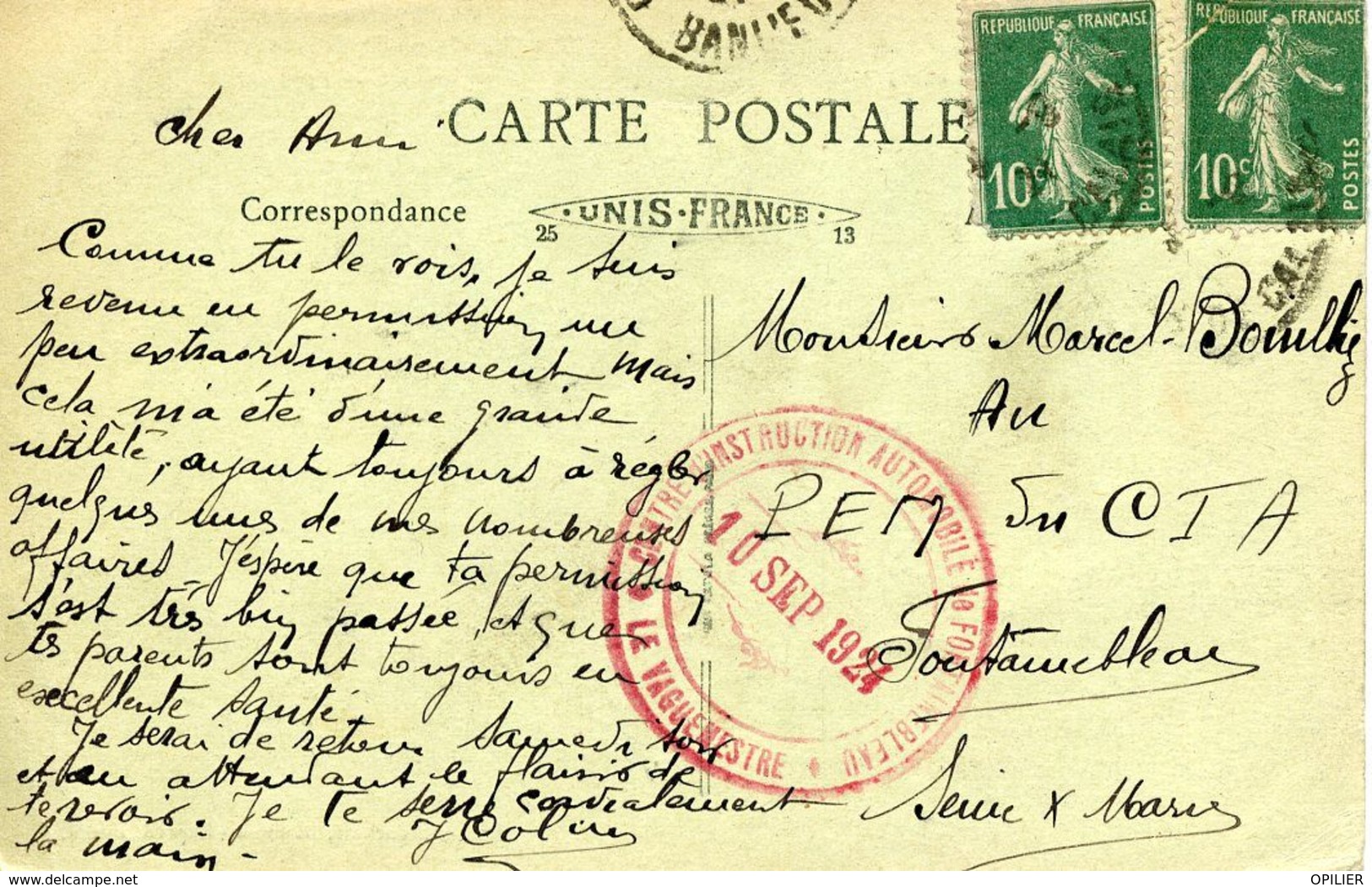 CENTRE D'INSTRUCTION AUTOMOBILE DE FONTAINEBLEAU 1924 Carte Postale D'AVON LA CITE DES CHEMINOTS - Military Postmarks From 1900 (out Of Wars Periods)