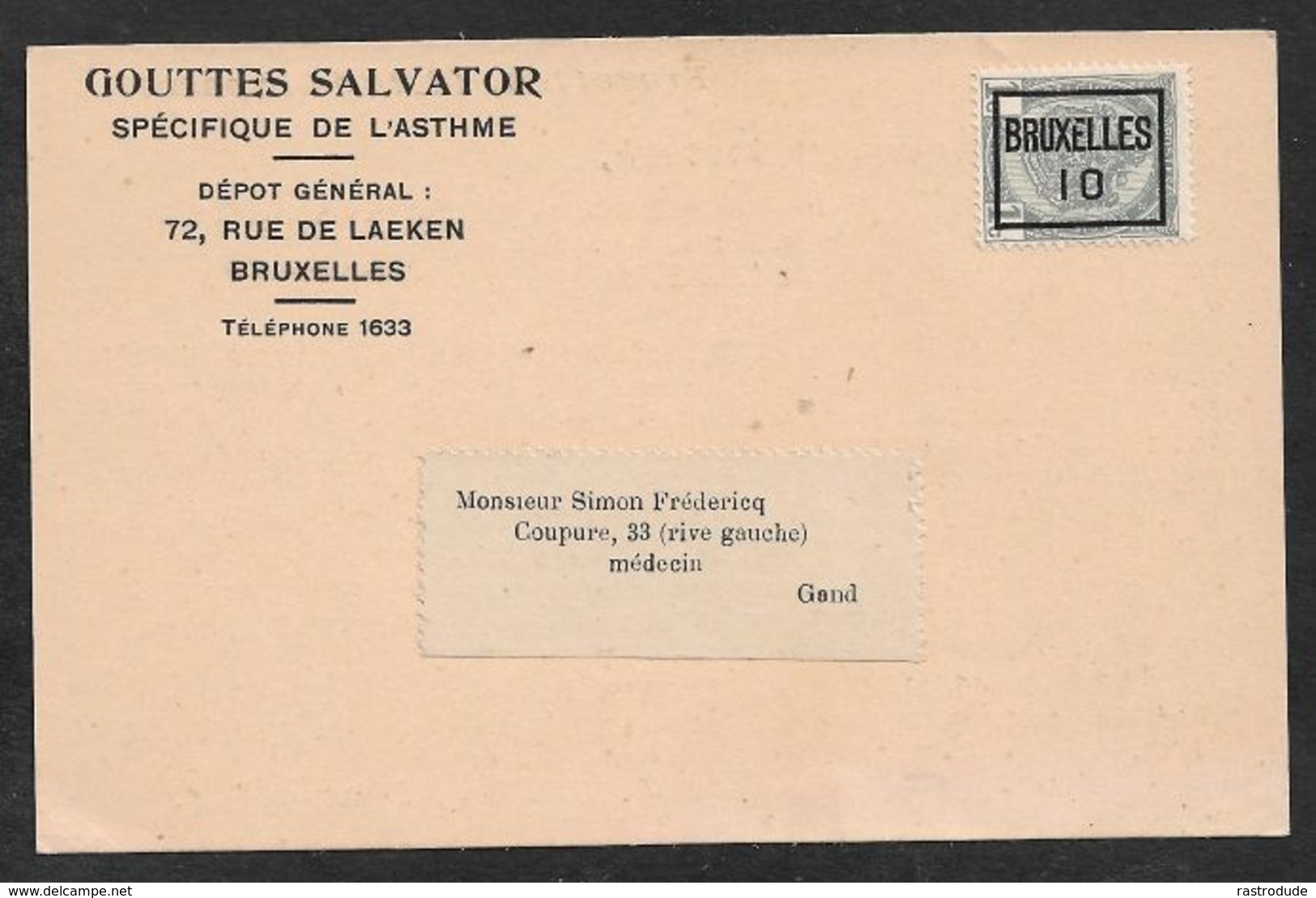 1910 BELGIQUE - PRÉOBLITÉRÉ 1C  - IMPRIMÉ  GOUTTES SPÉCIFIQUE DE L'ASTHME - Rolstempels 1910-19