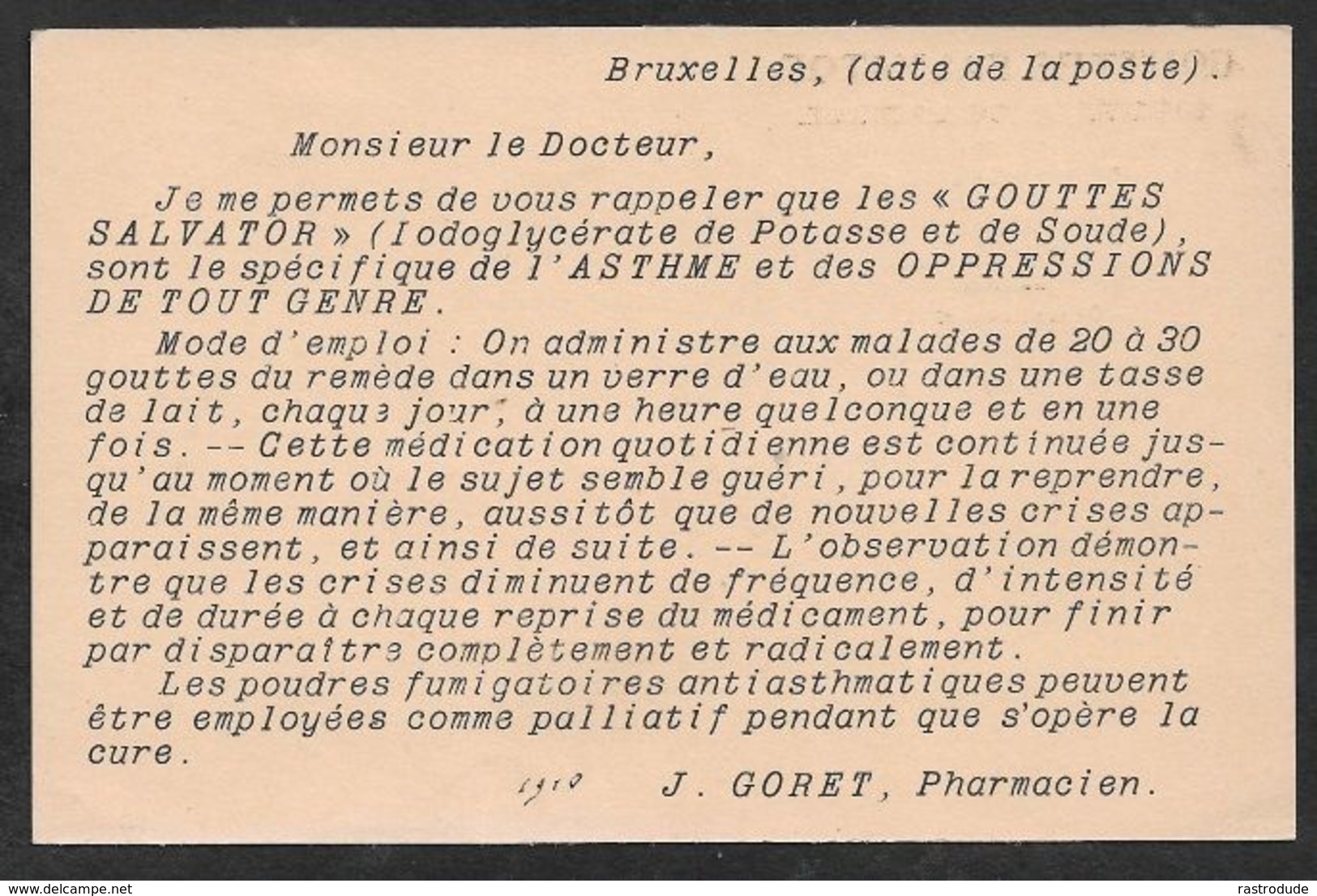 1910 BELGIQUE - PRÉOBLITÉRÉ 1C  - IMPRIMÉ  GOUTTES SPÉCIFIQUE DE L'ASTHME - Roulettes 1910-19