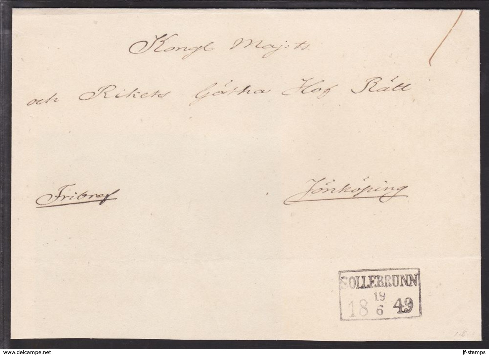 1849. SVERIGE. SOLLEBRUNN 19 6 1849. To Jönköping. Very Beautiful Cancel And Cover. () - JF109701 - ... - 1855 Prephilately