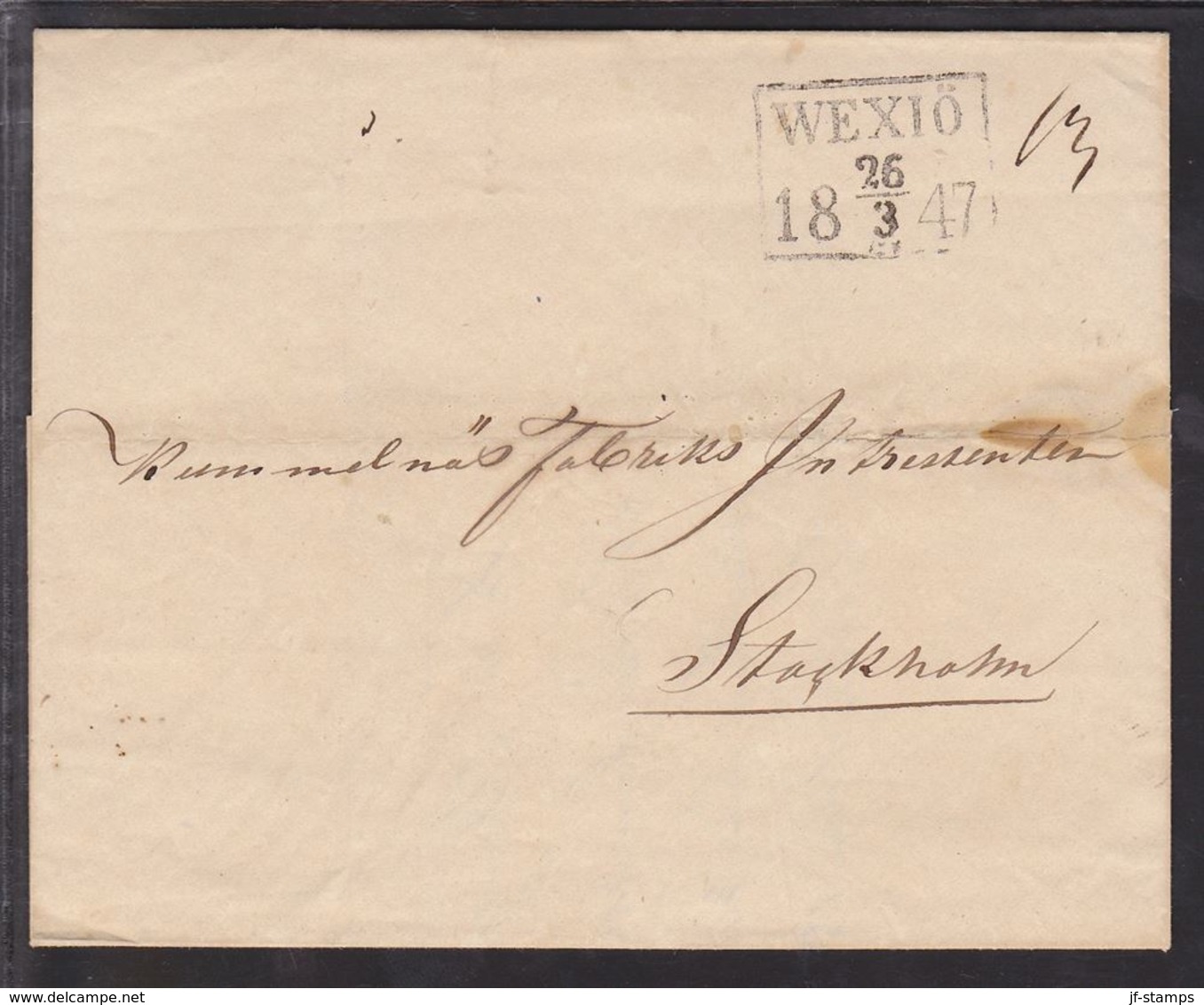 1847. SVERIGE. WEXIÖ 26 3 1847. To Stockholm. () - JF109712 - ... - 1855 Vorphilatelie