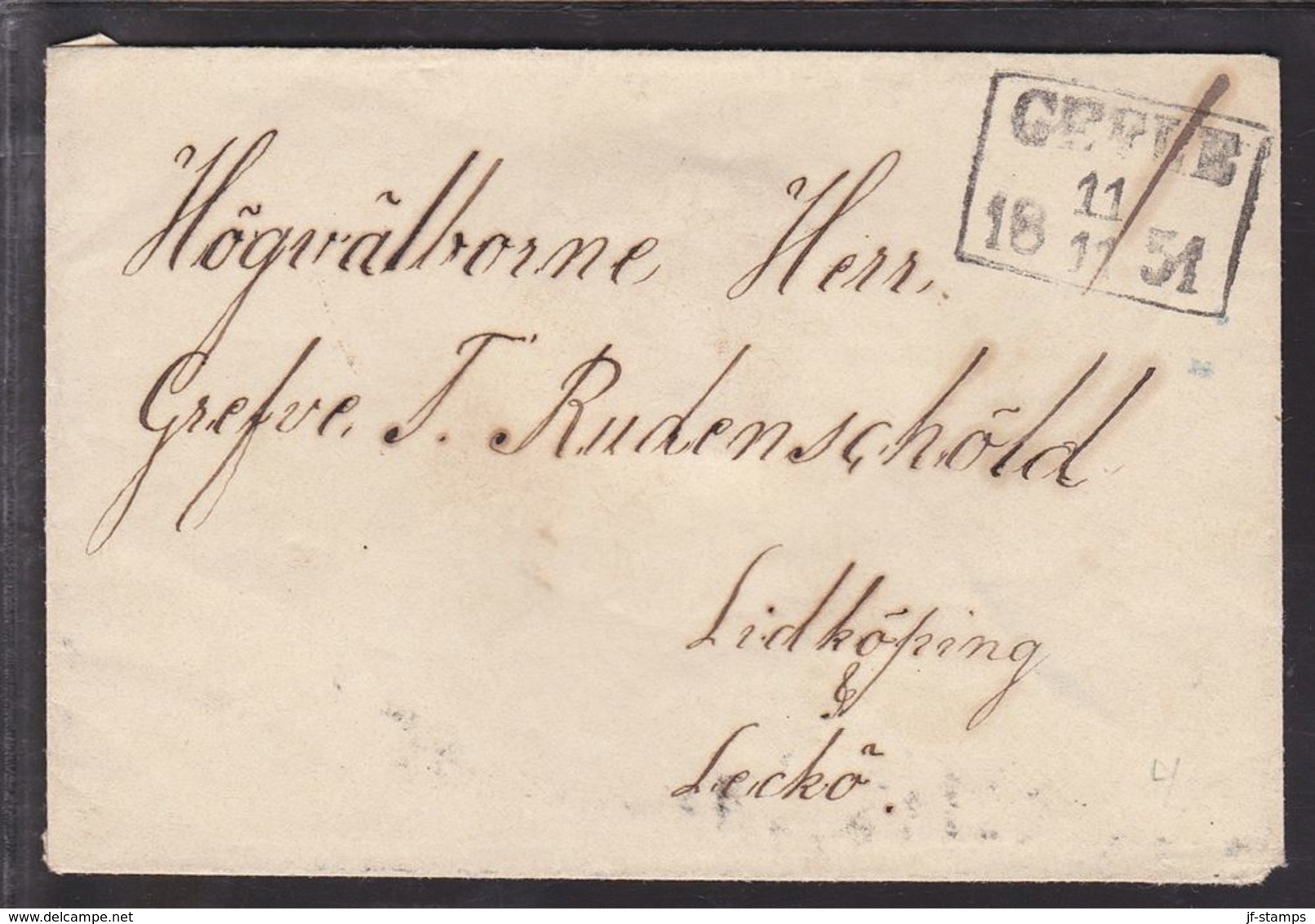 1851. SVERIGE. GEFLE 11 11 1851. To Grefve Rudenschöld, Leckö, Lidköping.. () - JF109714 - ... - 1855 Voorfilatelie