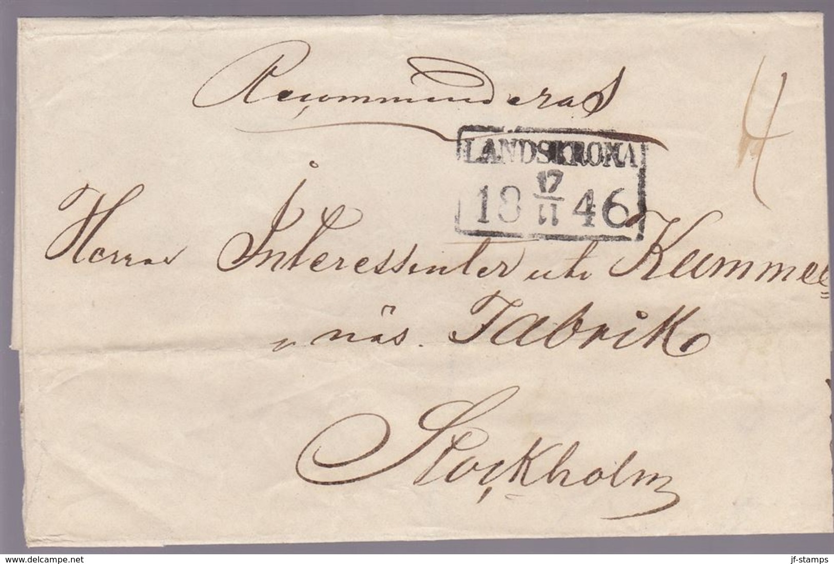 1846. SVERIGE. LANDSKRONA 17 11 1846. Rec. To Stockholm. () - JF109715 - Prefilatelia