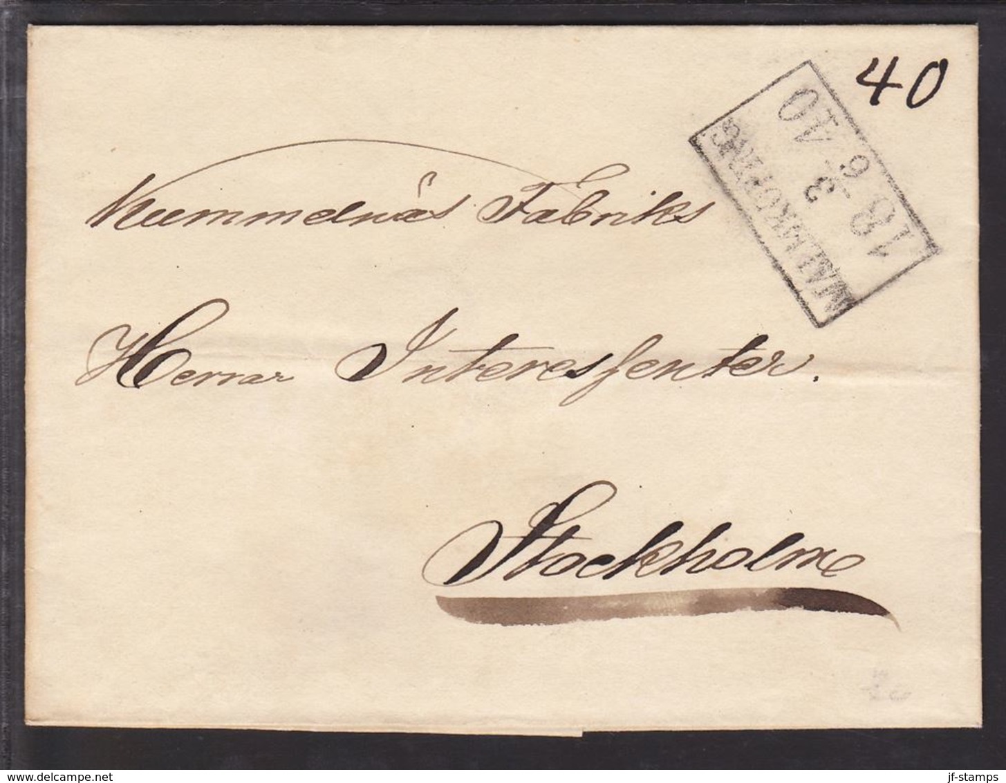 1840. SVERIGE. MALMKÖPING 3 6 1840.  To Stockholm. () - JF109716 - ... - 1855 Prefilatelia