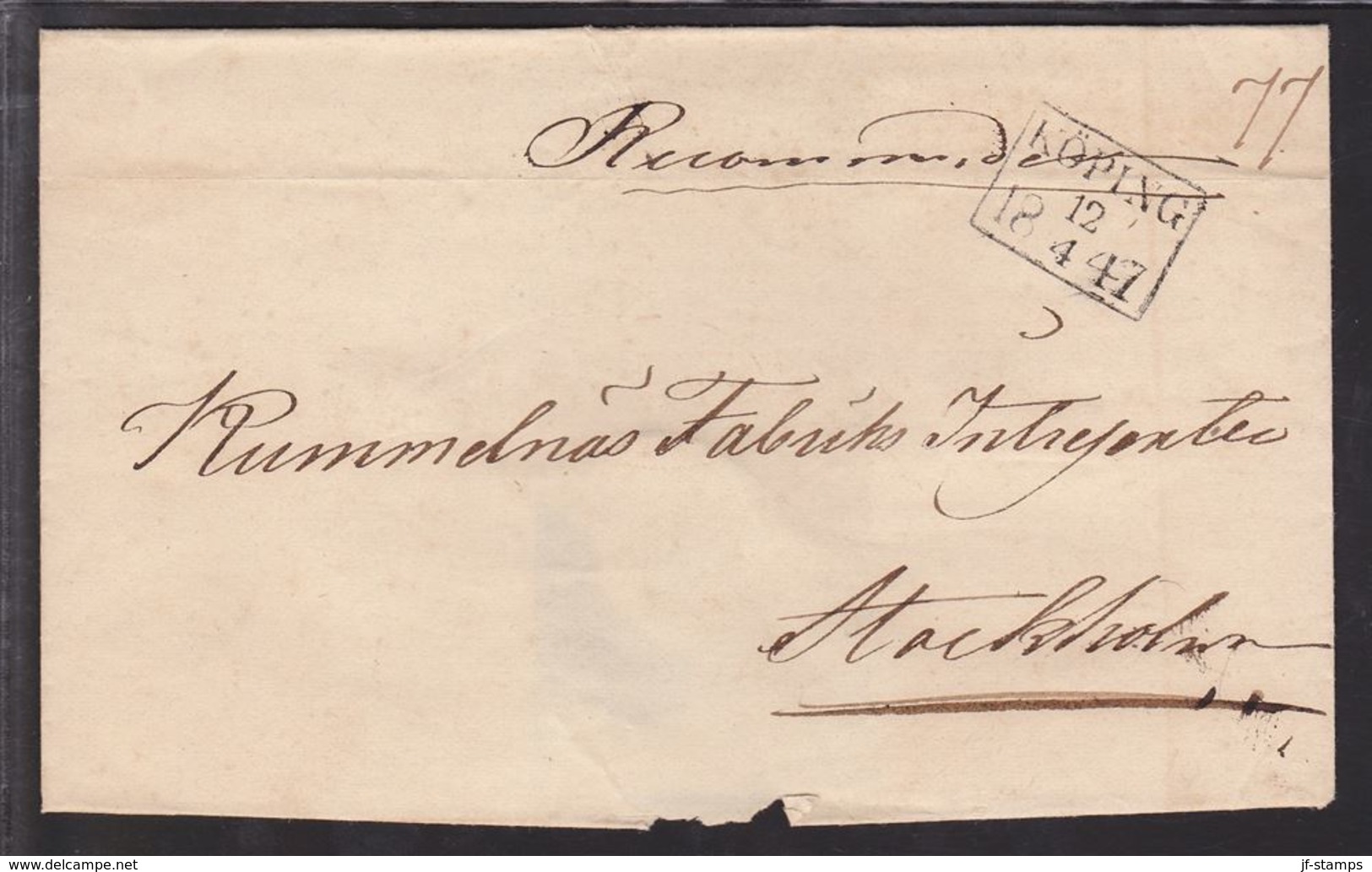 1847. SVERIGE. KÖPING 12 4 1847. Reg. To Stockholm. () - JF109718 - ... - 1855 Prephilately