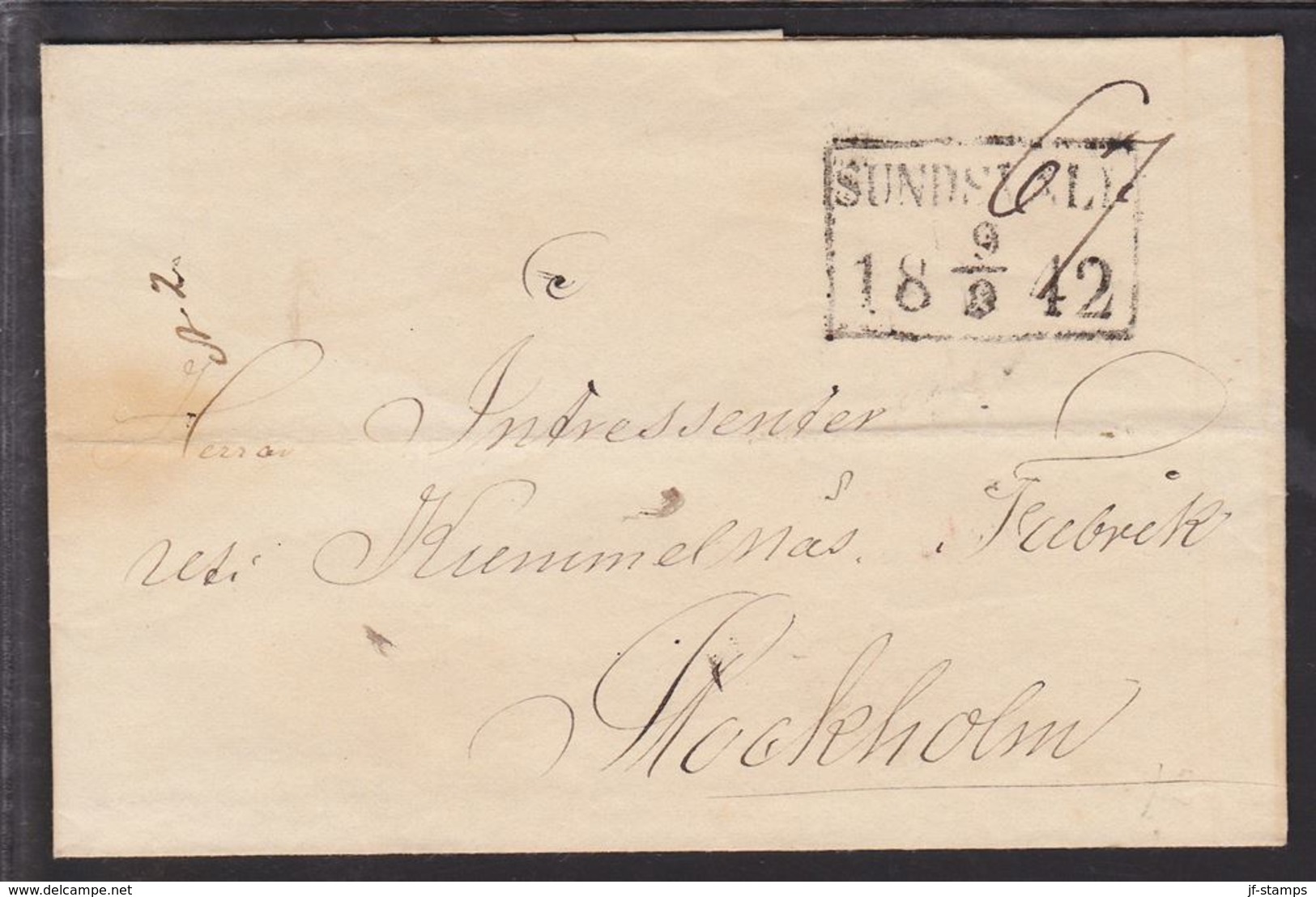 1842. SVERIGE. SUNDSVALL 9 9 1842. To Stockholm. () - JF109719 - ... - 1855 Prephilately