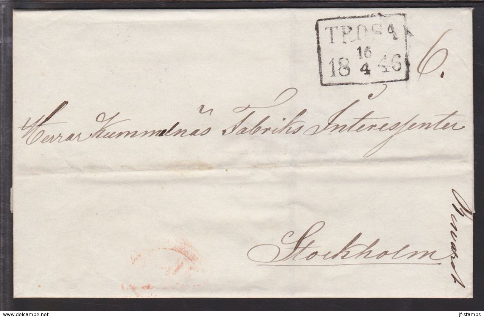 1846. SVERIGE. _TROSA 16 4 1846.__ To Stockholm. () - JF109726 - ... - 1855 Voorfilatelie