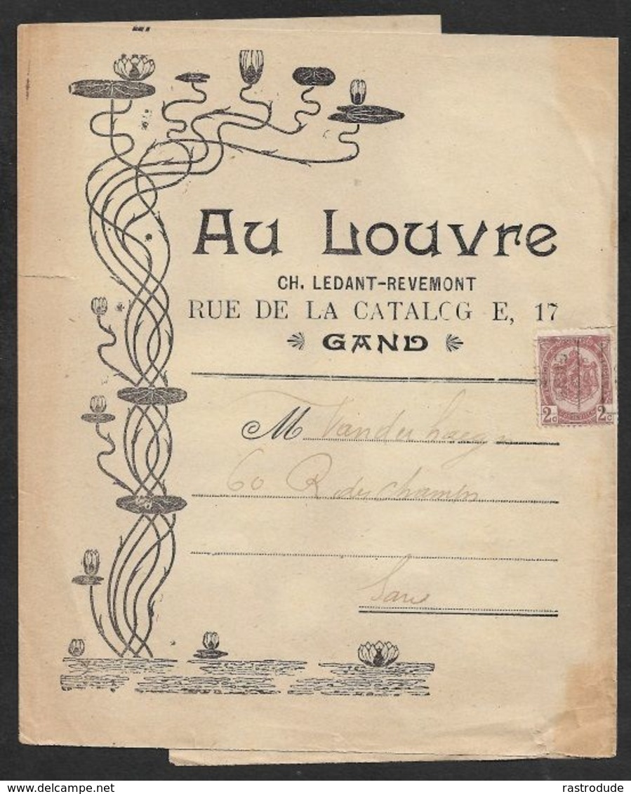 1908 BELGIQUE - PRÉOBLITÉRÉ 2C A GAND  - BANDE IMPRIMÉ ILLUSTRÉ PUBLICITÉ ART NOUVEAU - AU LOUVRE - Rolstempels 1900-09