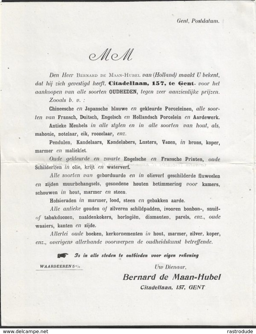 1906 BELGIQUE - PRÉOBLITÉRÉ 1C A GAND  - LETTRE IMPRIMÉ COMMERÇANT D'ANTIQUITÉS - Roller Precancels 1900-09