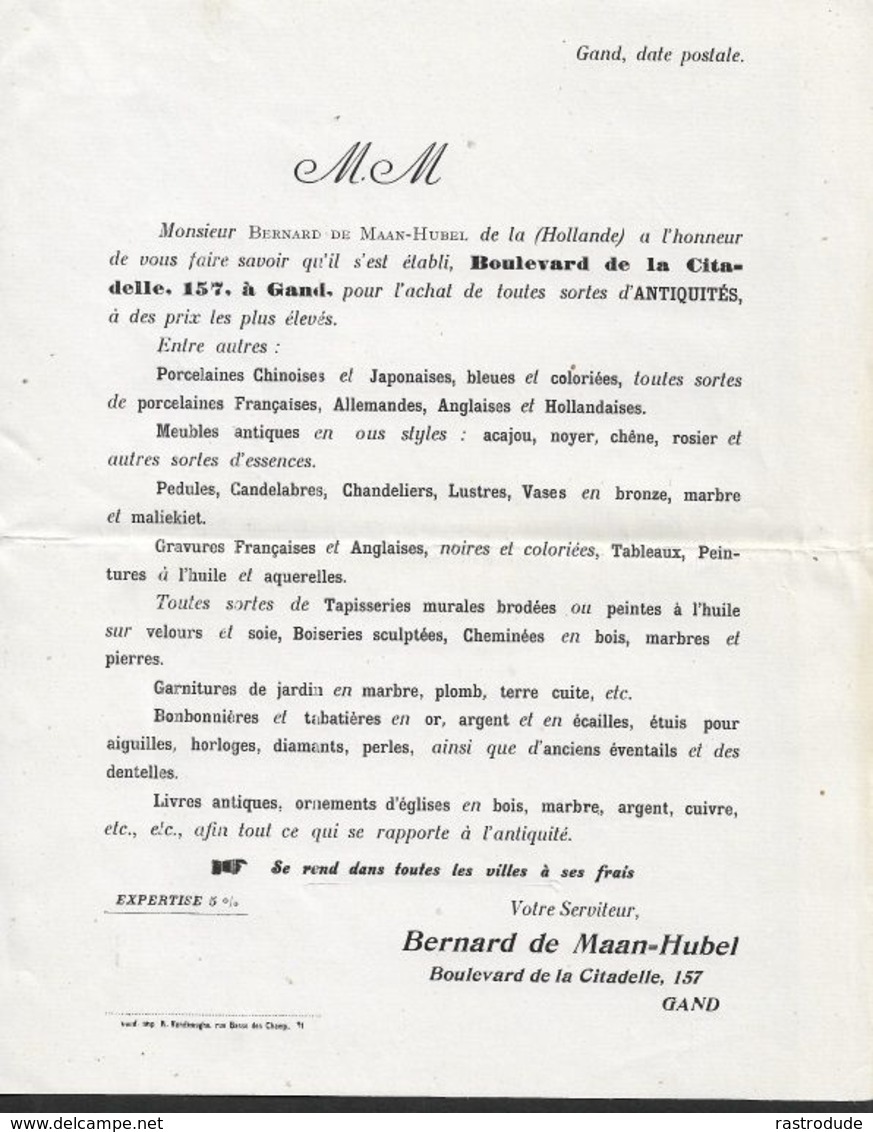 1906 BELGIQUE - PRÉOBLITÉRÉ 1C A GAND  - LETTRE IMPRIMÉ COMMERÇANT D'ANTIQUITÉS - Roulettes 1900-09